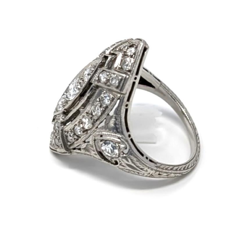 Women's Antique Art Deco Irid Platinum Diamond Ring Navette 1920's 1930's US Size 5.25 For Sale