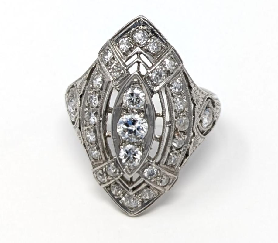 Antique Art Deco Irid Platinum Diamond Ring Navette 1920's 1930's US Size 5.25 For Sale 2
