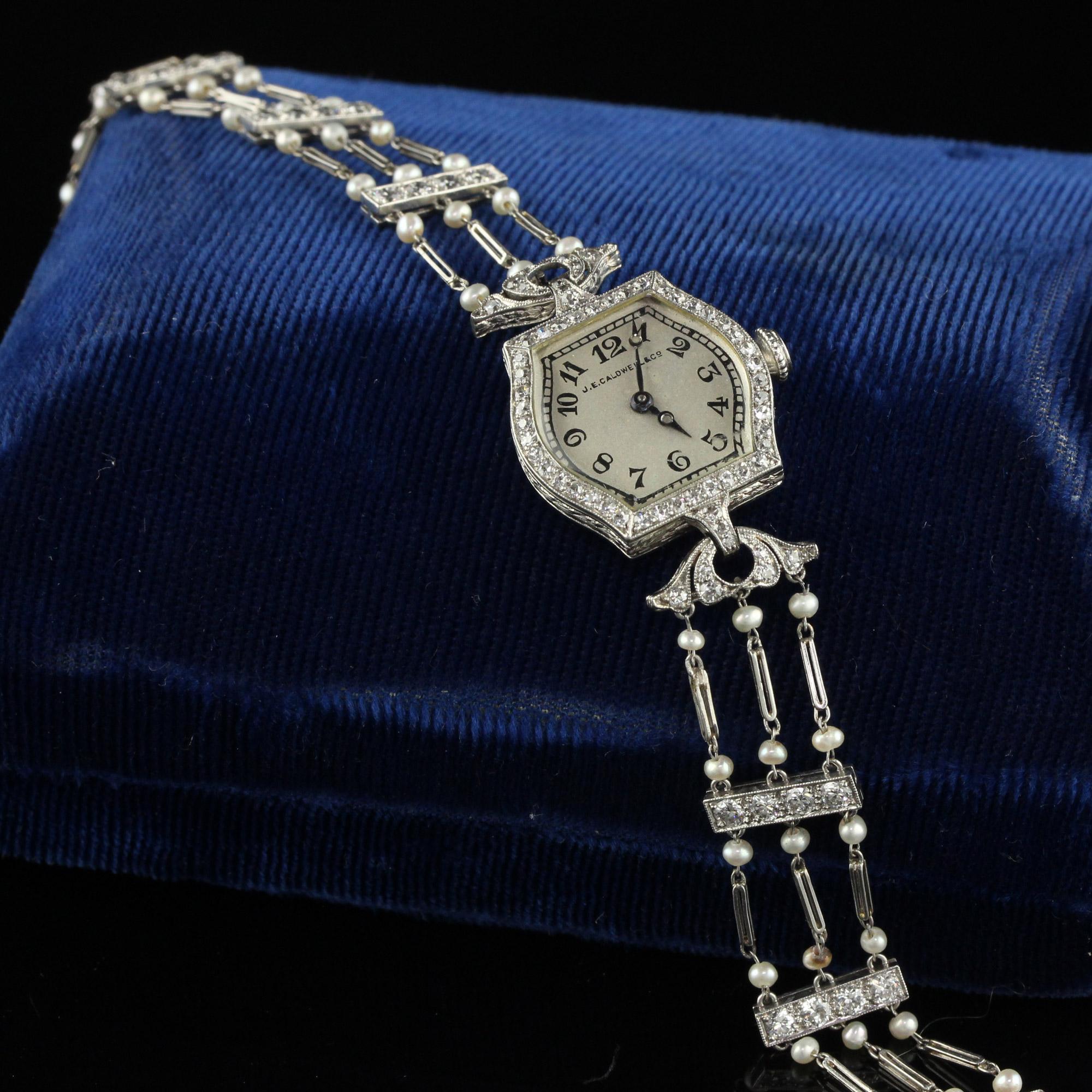 Antique Art Deco J. E. Caldwell Old Euro Diamond and Pearl Evening Watch In Good Condition For Sale In Great Neck, NY