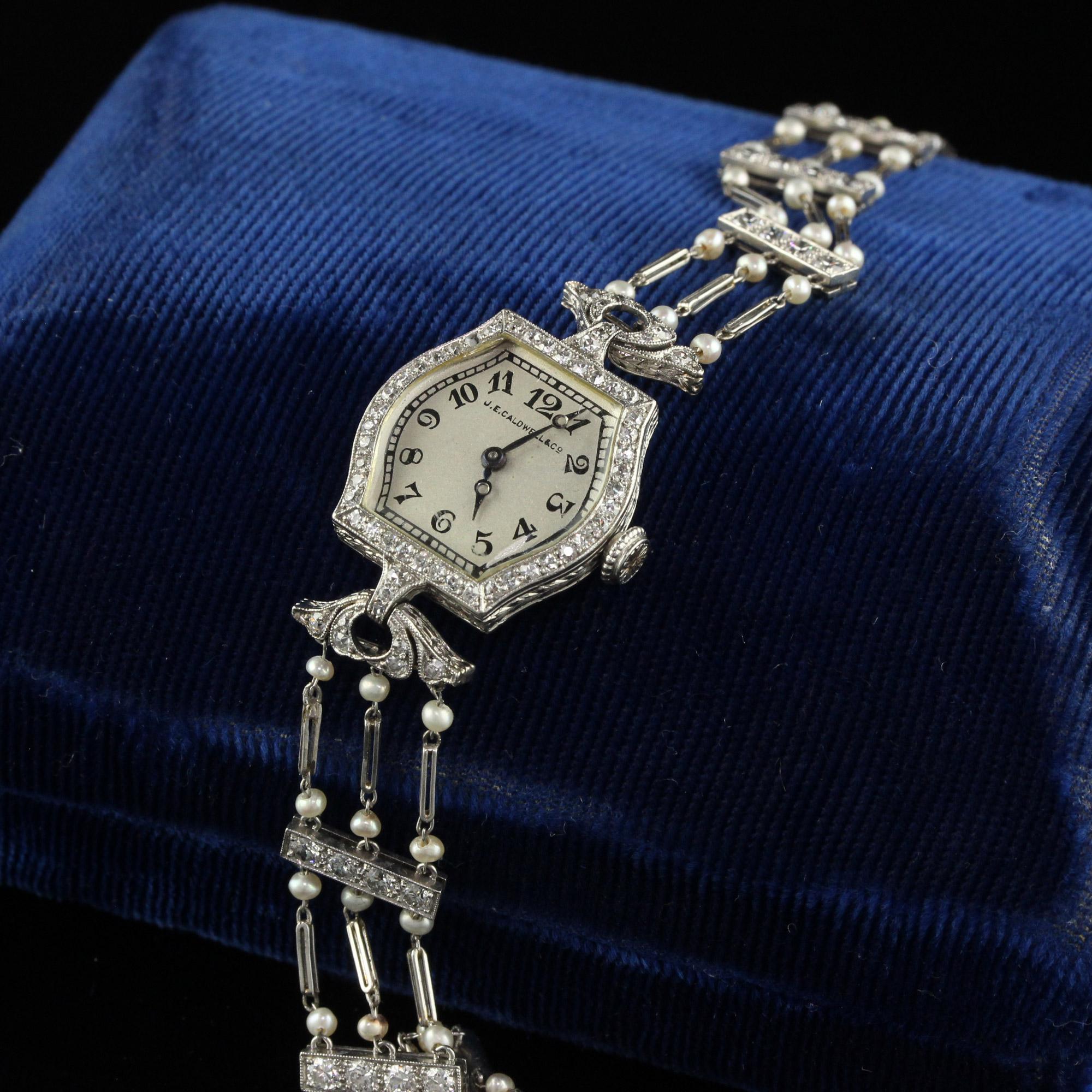 Antique Art Deco J. E. Caldwell Old Euro Diamond and Pearl Evening Watch For Sale 1