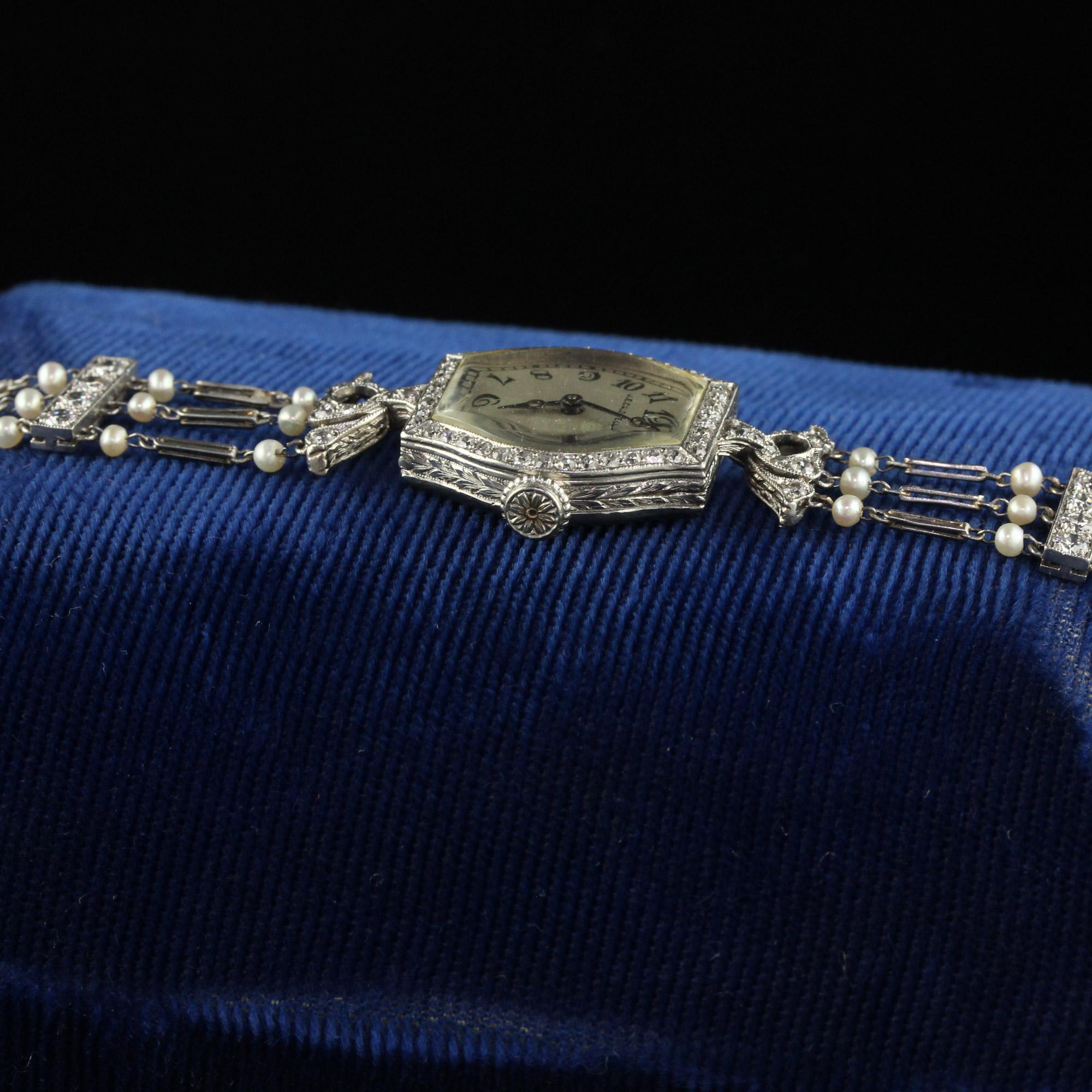 Antique Art Deco J. E. Caldwell Old Euro Diamond and Pearl Evening Watch For Sale 4