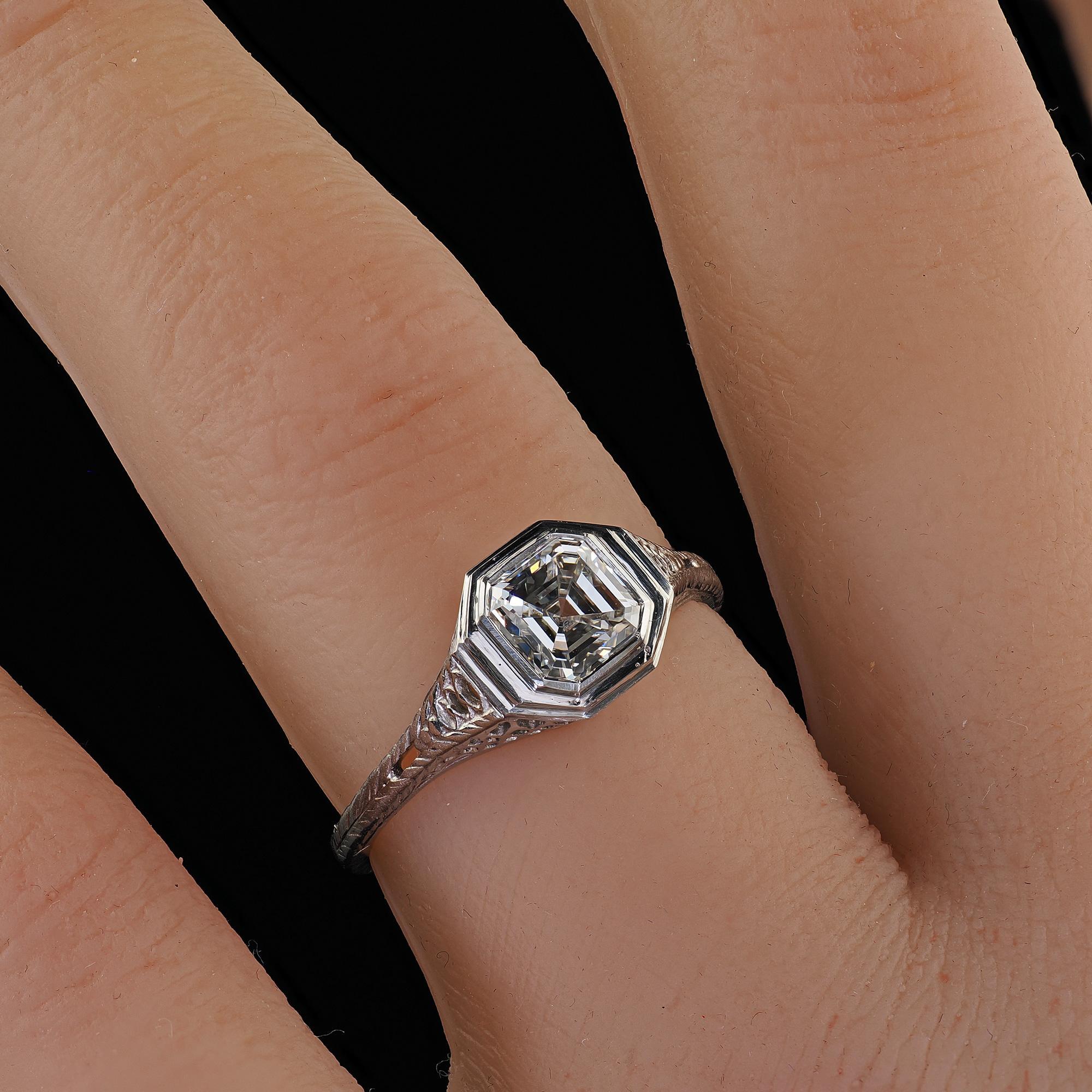 Antique Art Deco J. E. Caldwell Platinum Asscher Cut Engagement Ring - GIA For Sale 6