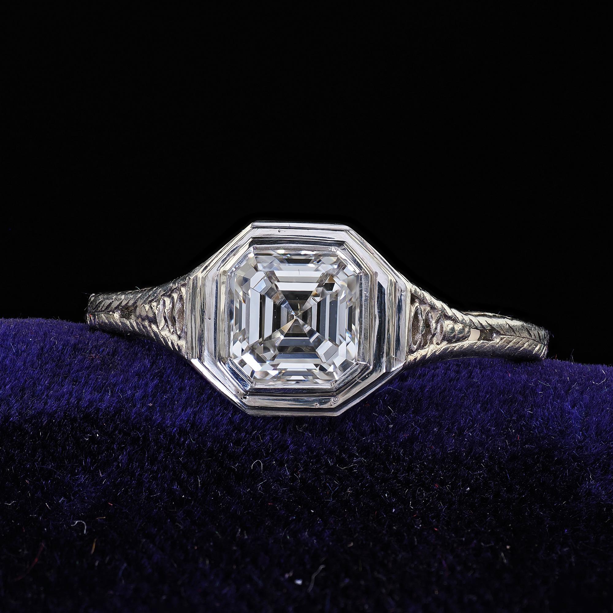 Beautiful Antique Art Deco J. E. Caldwell Platinum Asscher Cut Engagement Ring - GIA. This gorgeous Art Deco Asscher cut diamond engagement ring is crafted in platinum. This ring features a beautiful Asscher cut diamond in the center of a gorgeous
