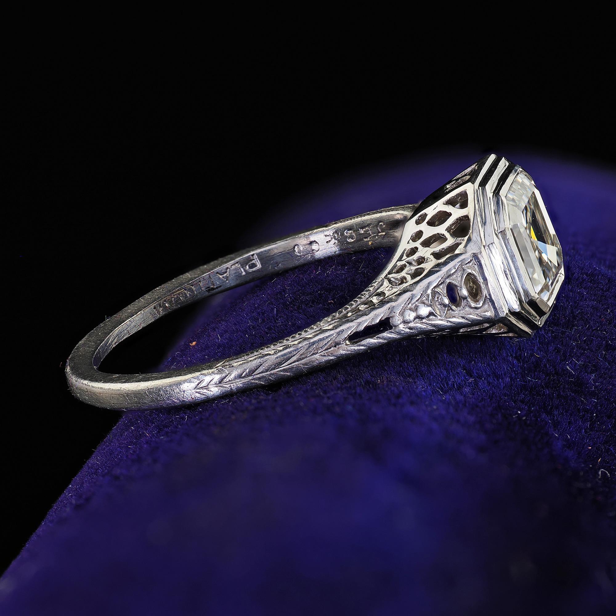 Women's Antique Art Deco J. E. Caldwell Platinum Asscher Cut Engagement Ring - GIA For Sale
