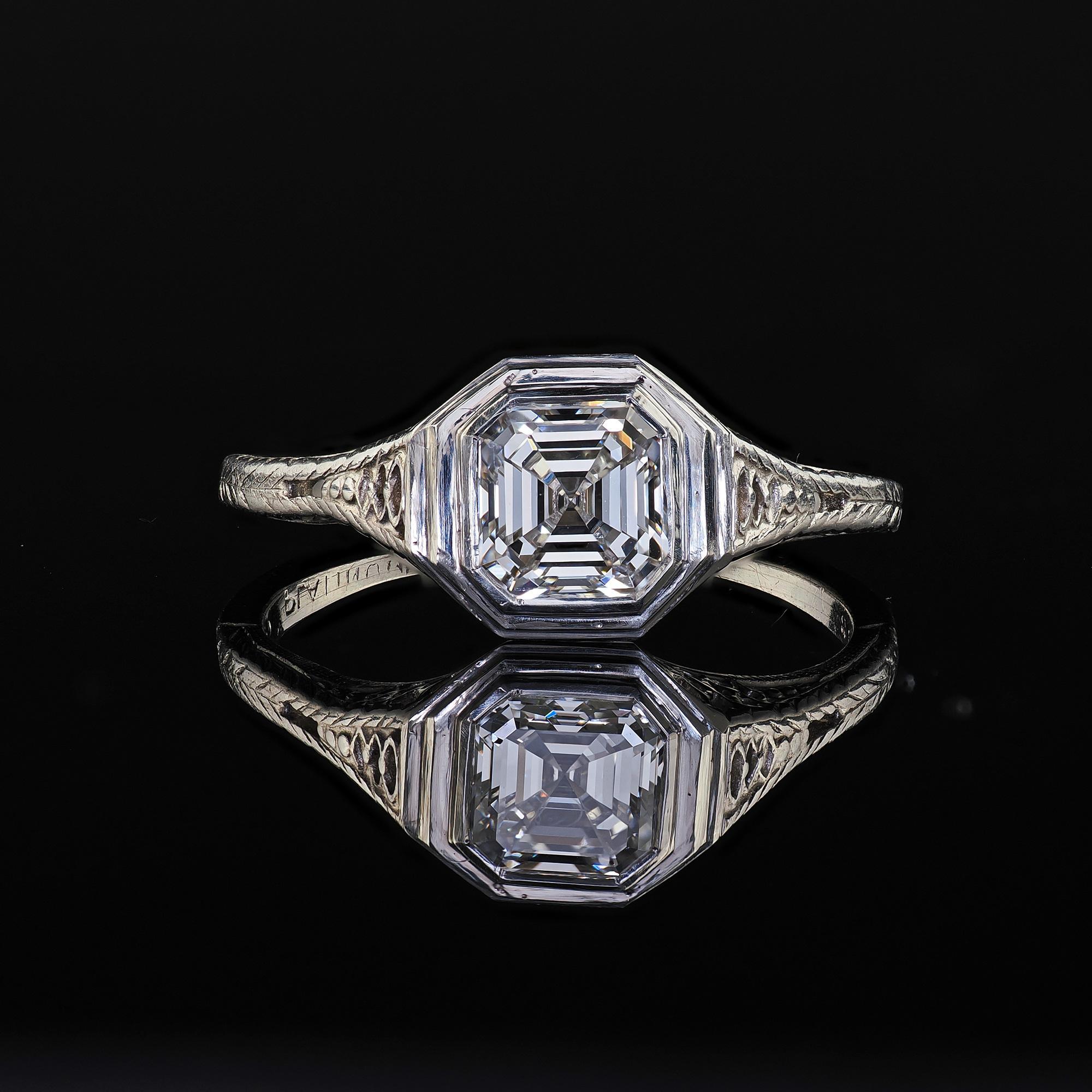 Antique Art Deco J. E. Caldwell Platinum Asscher Cut Engagement Ring - GIA For Sale 3