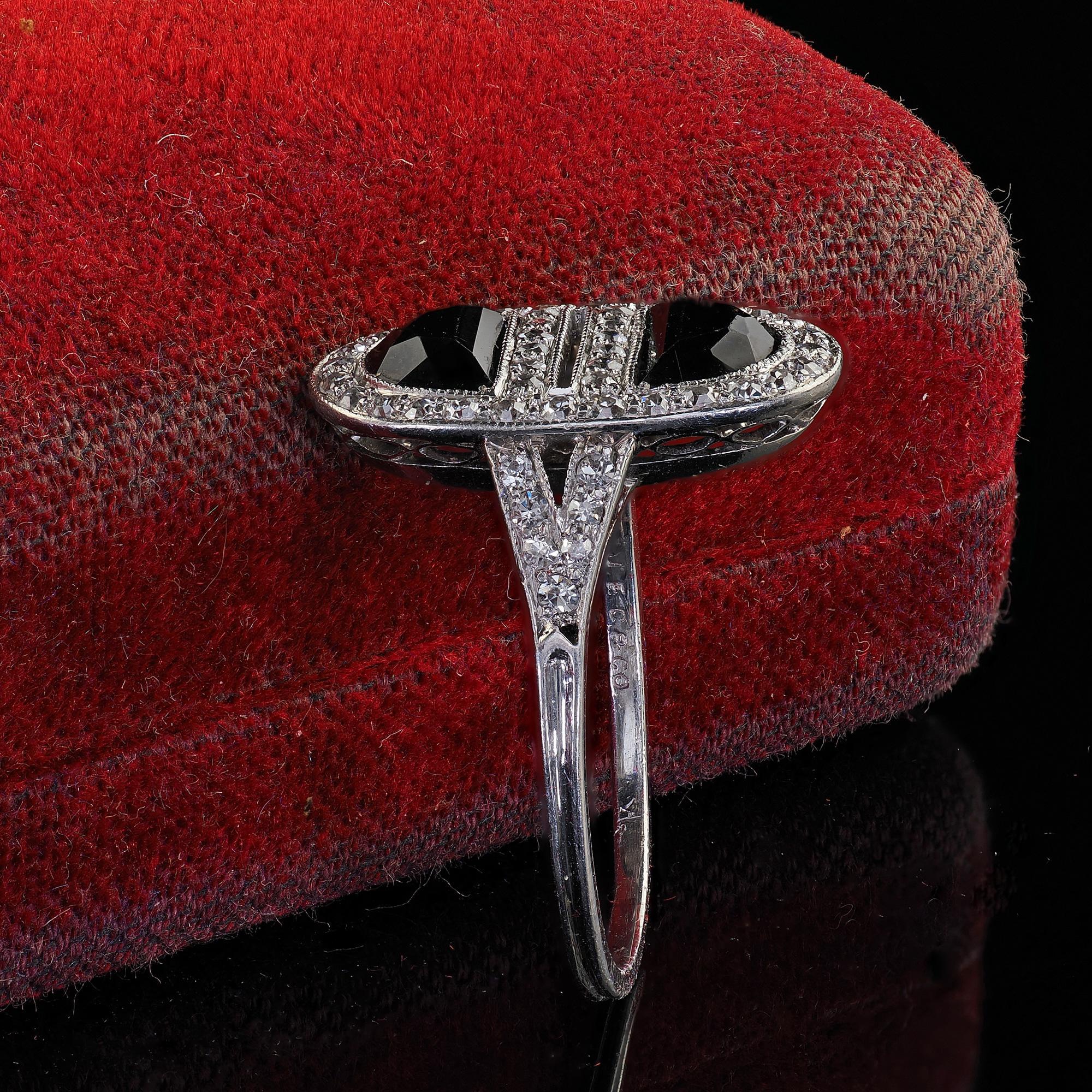 Antique Art Deco J. E. Caldwell Platinum French Cut Onyx and Diamond Ring In Good Condition In Great Neck, NY