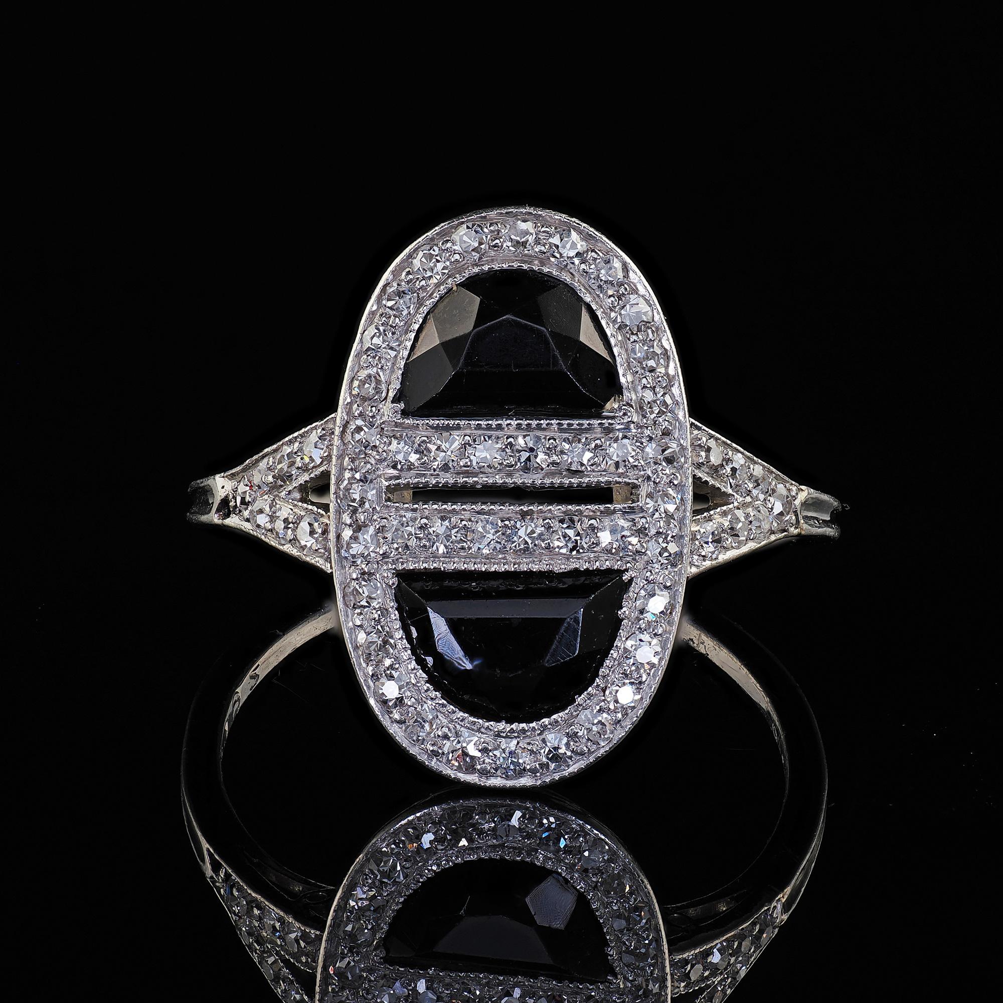 Antique Art Deco J. E. Caldwell Platinum French Cut Onyx and Diamond Ring 3
