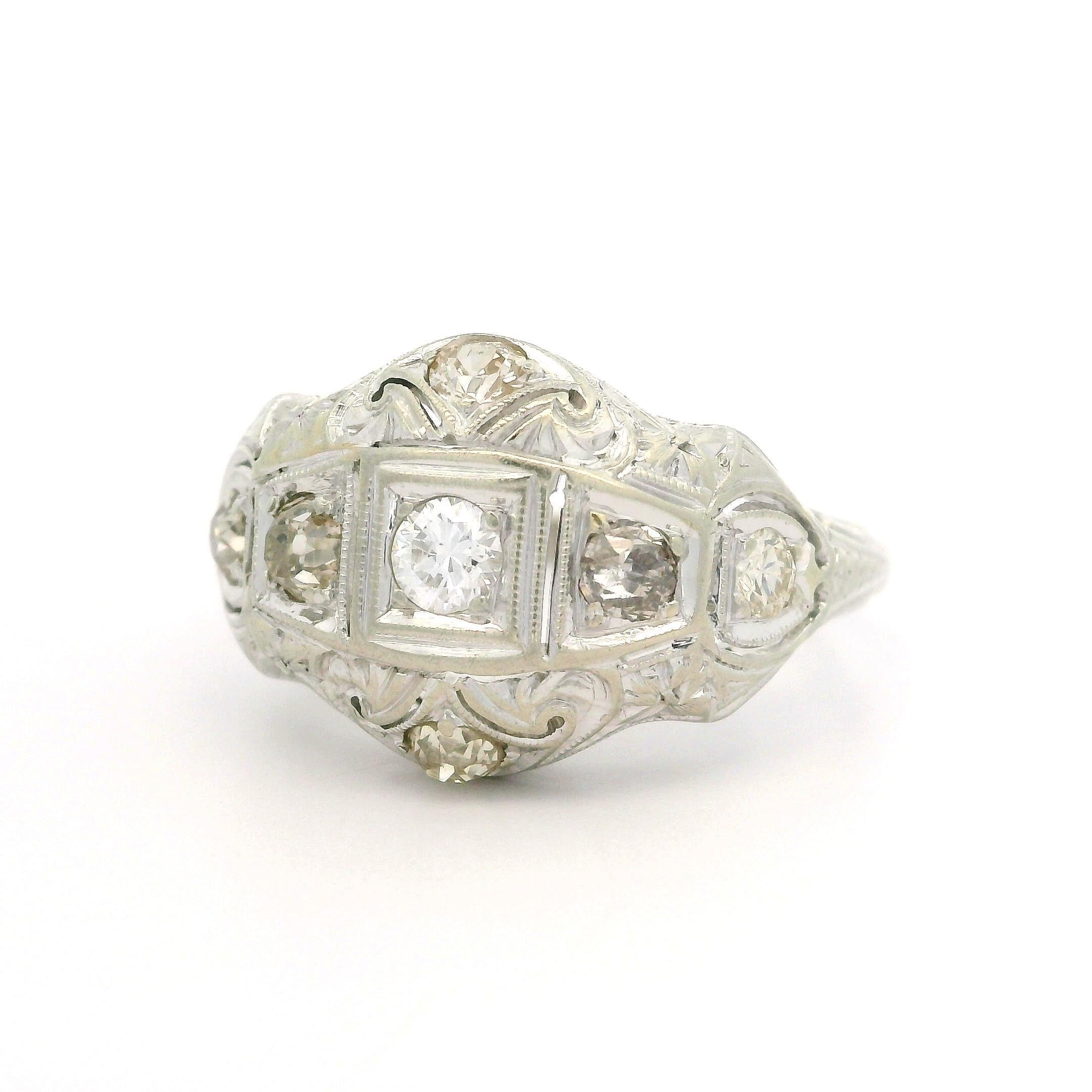 Antique Art Deco Jabel 18k White Gold 0.60ct Diamond Engraved Filigree Work Ring For Sale 5