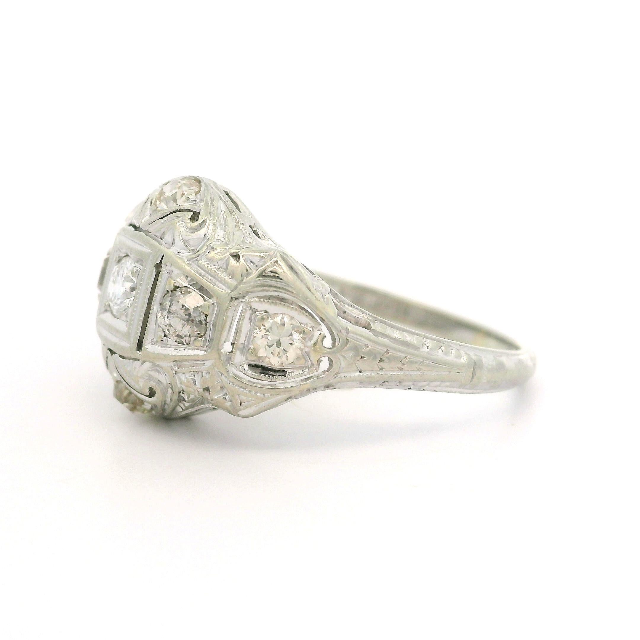 Antique Art Deco Jabel 18k White Gold 0.60ct Diamond Engraved Filigree Work Ring For Sale 6