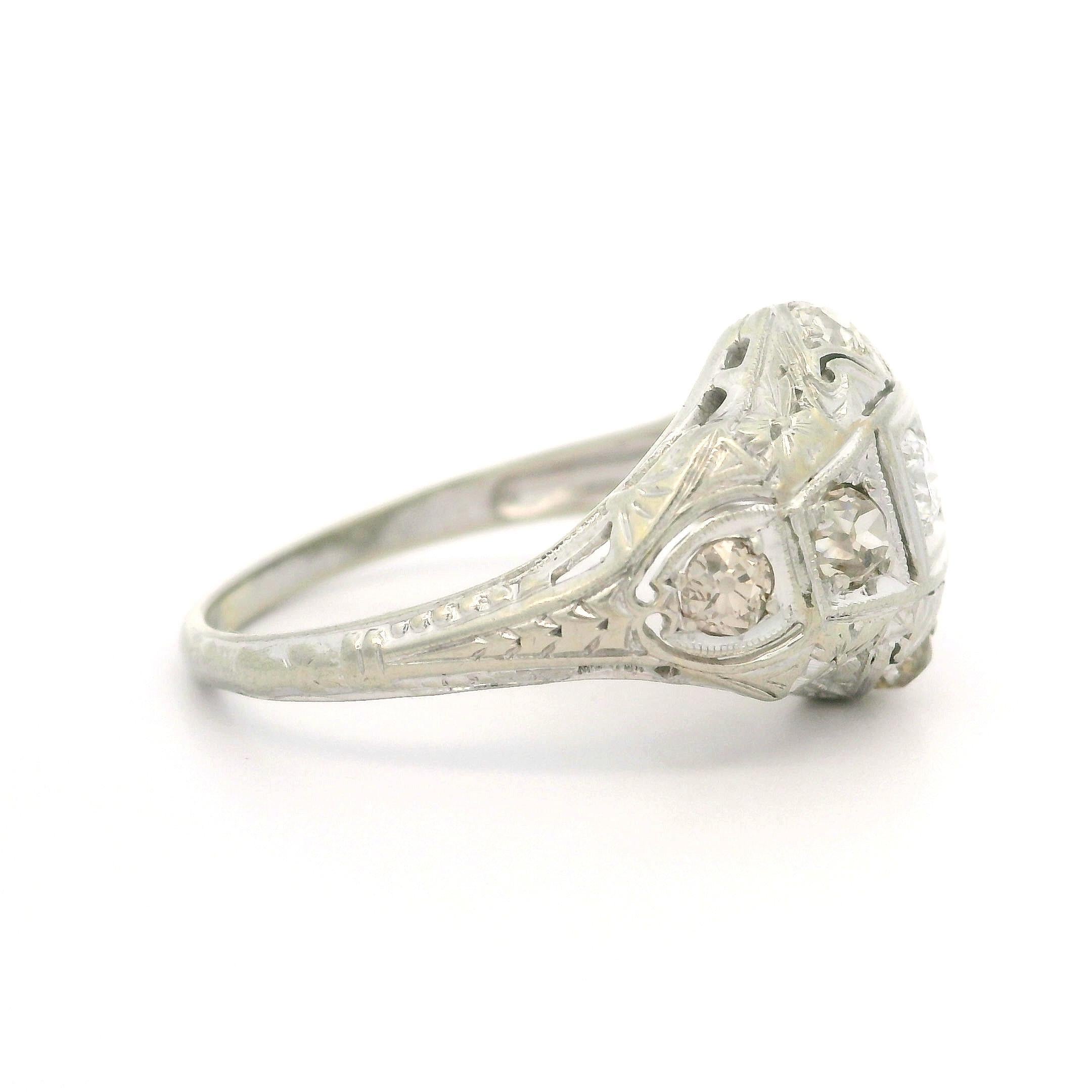 Antique Art Deco Jabel 18k White Gold 0.60ct Diamond Engraved Filigree Work Ring For Sale 8