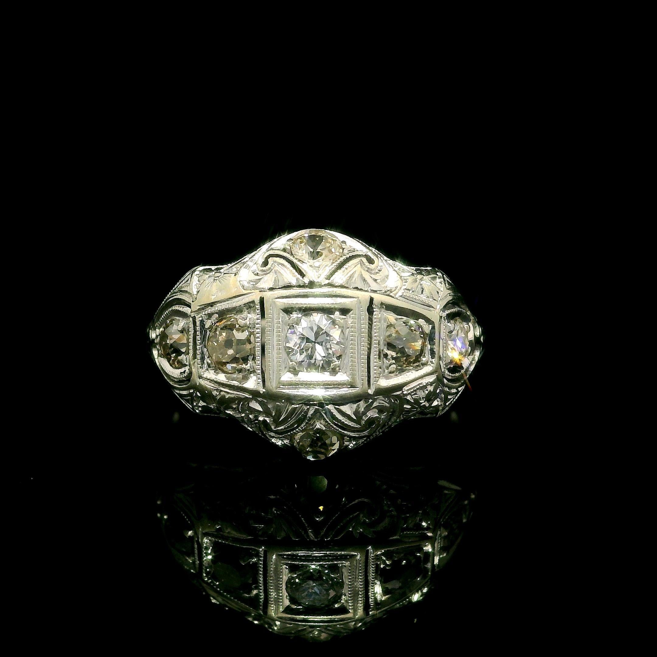 Old European Cut Antique Art Deco Jabel 18k White Gold 0.60ct Diamond Engraved Filigree Work Ring For Sale