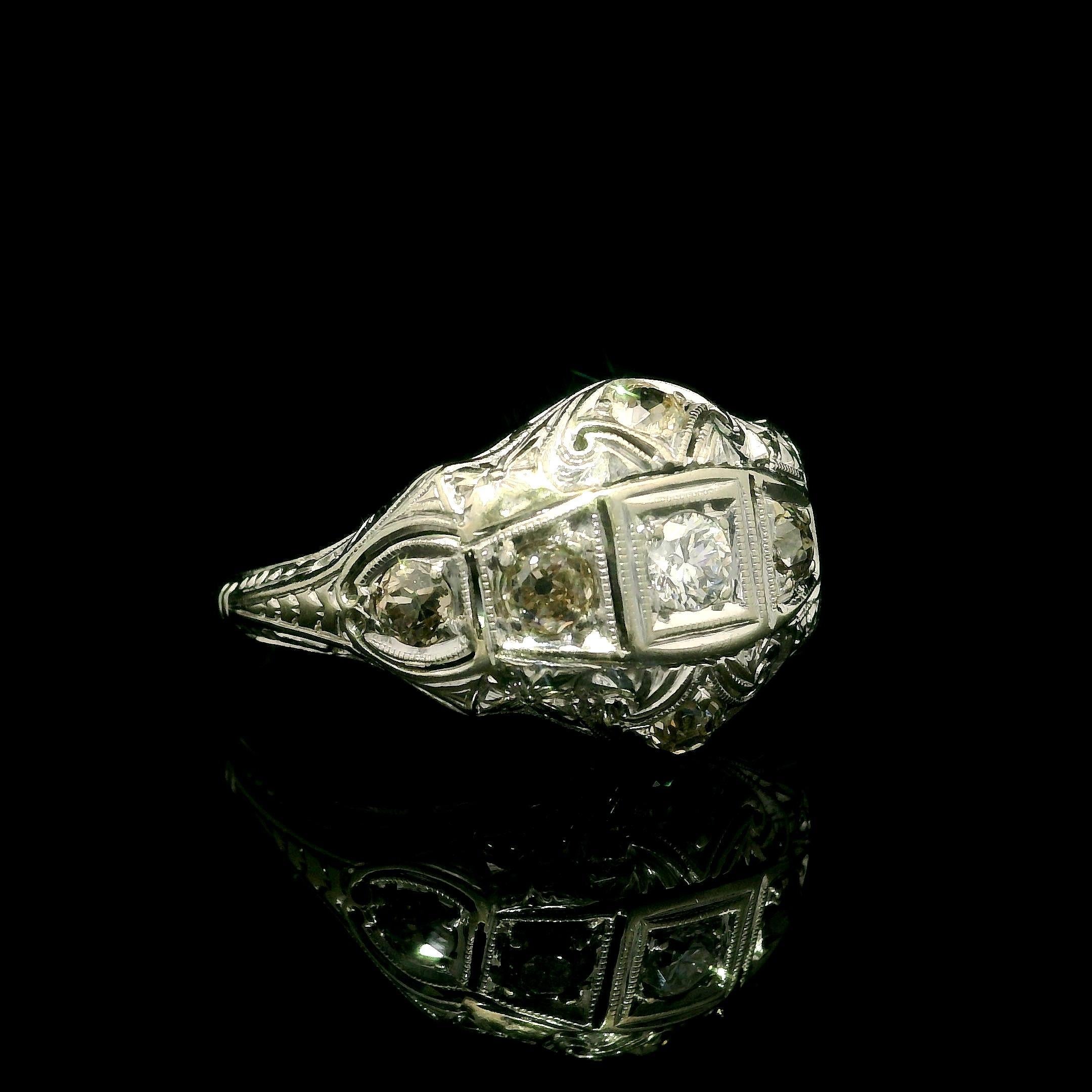 Antique Art Deco Jabel 18k White Gold 0.60ct Diamond Engraved Filigree Work Ring In Excellent Condition For Sale In Montclair, NJ