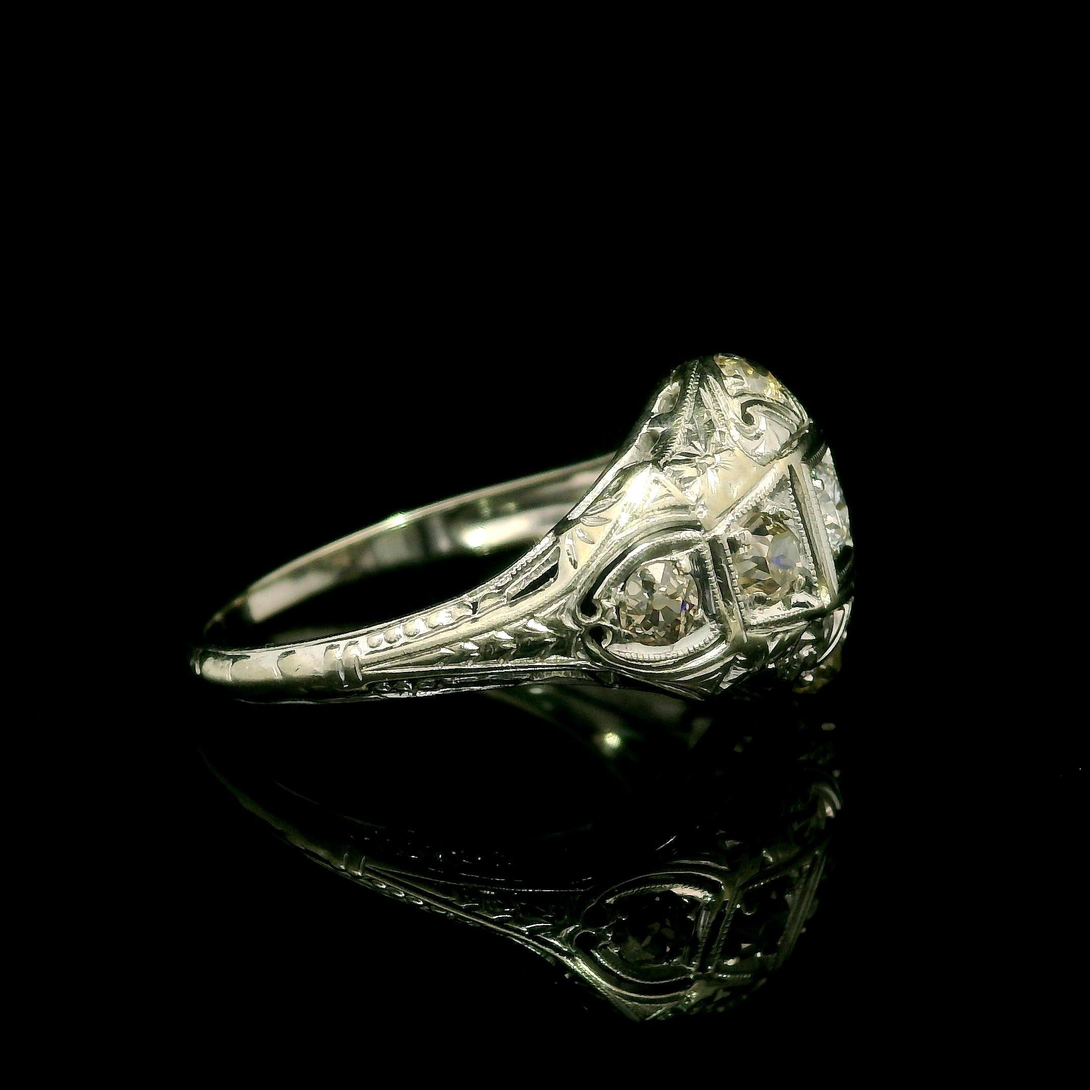 Women's Antique Art Deco Jabel 18k White Gold 0.60ct Diamond Engraved Filigree Work Ring For Sale