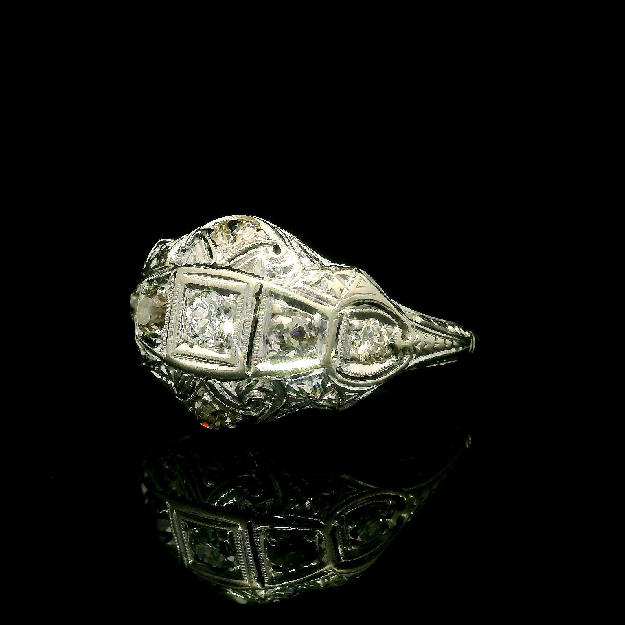 Antique Art Deco Jabel 18k White Gold 0.60ct Diamond Engraved Filigree Work Ring For Sale 1