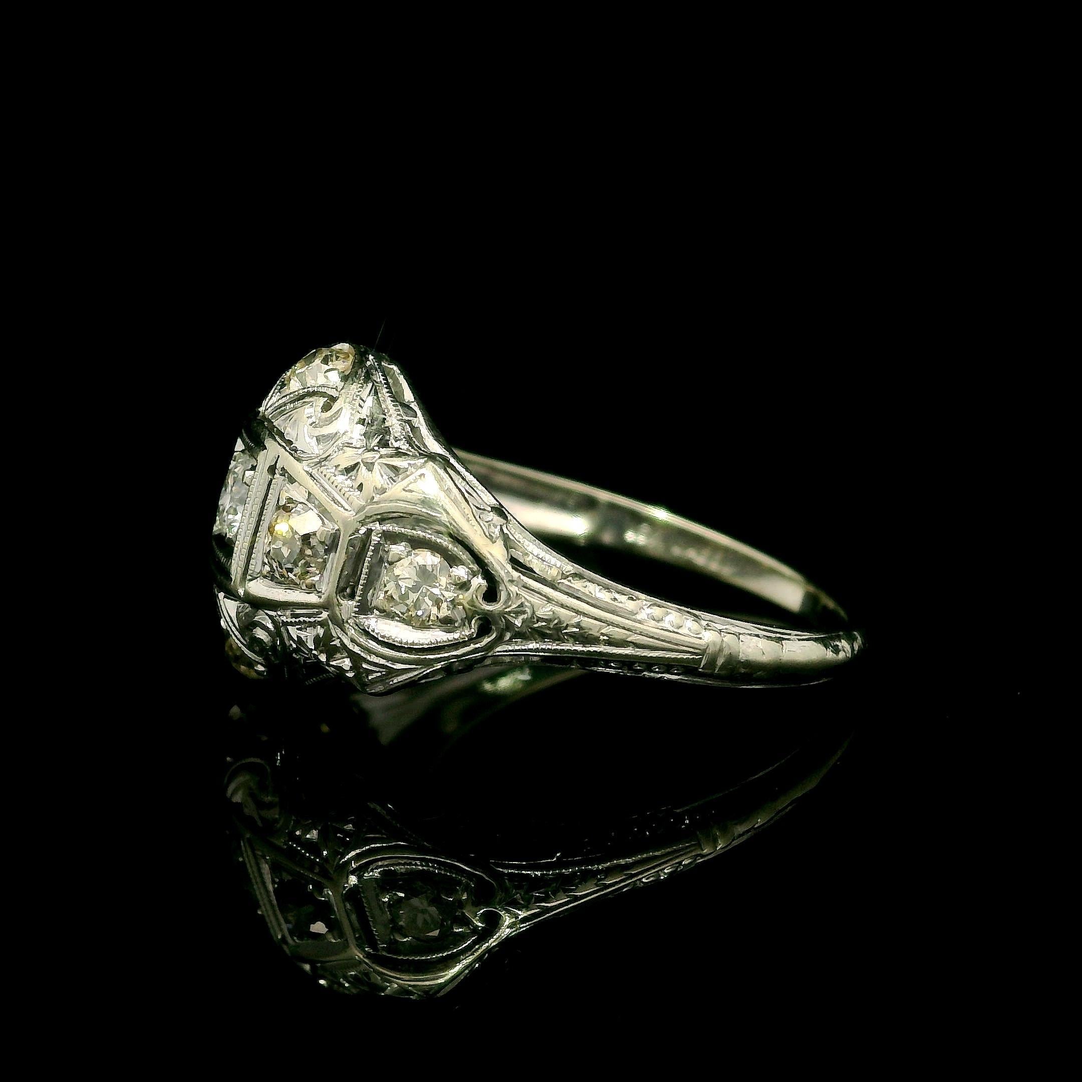 Antique Art Deco Jabel 18k White Gold 0.60ct Diamond Engraved Filigree Work Ring For Sale 2