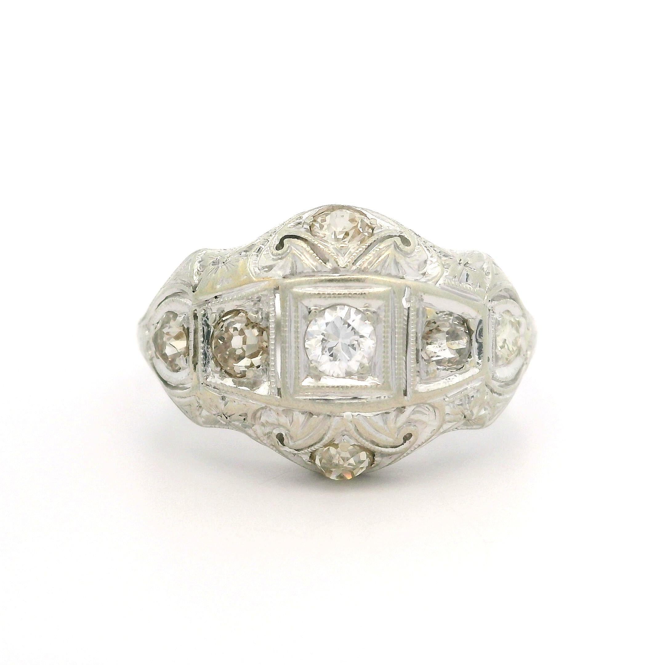 Antique Art Deco Jabel 18k White Gold 0.60ct Diamond Engraved Filigree Work Ring For Sale 3