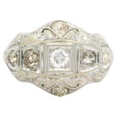 Antique Art Deco Jabel 18k White Gold 0.60ct Diamond Engraved Filigree Work Ring