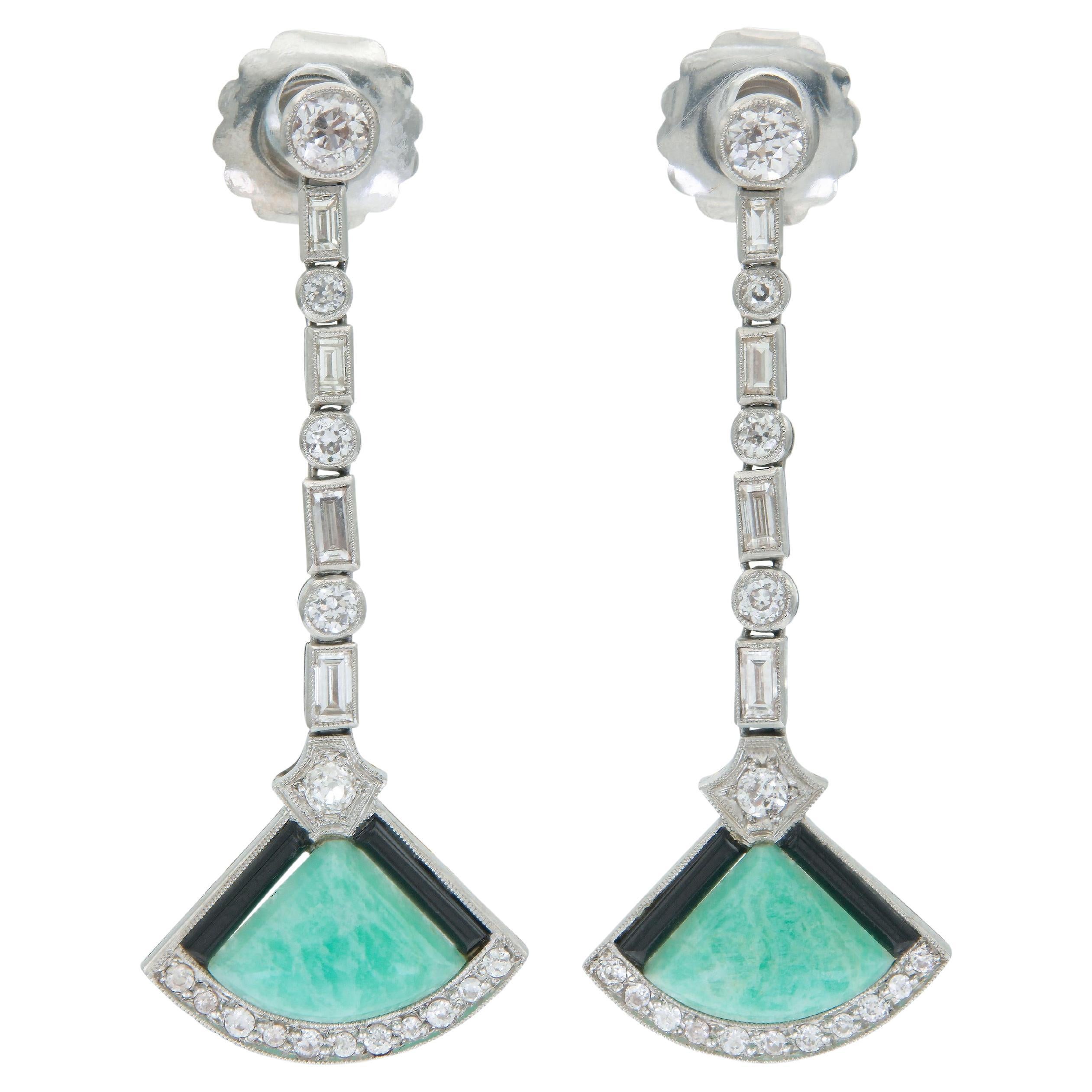 Antique Art Deco Jade, Diamond and Onyx Dangle Earrings For Sale