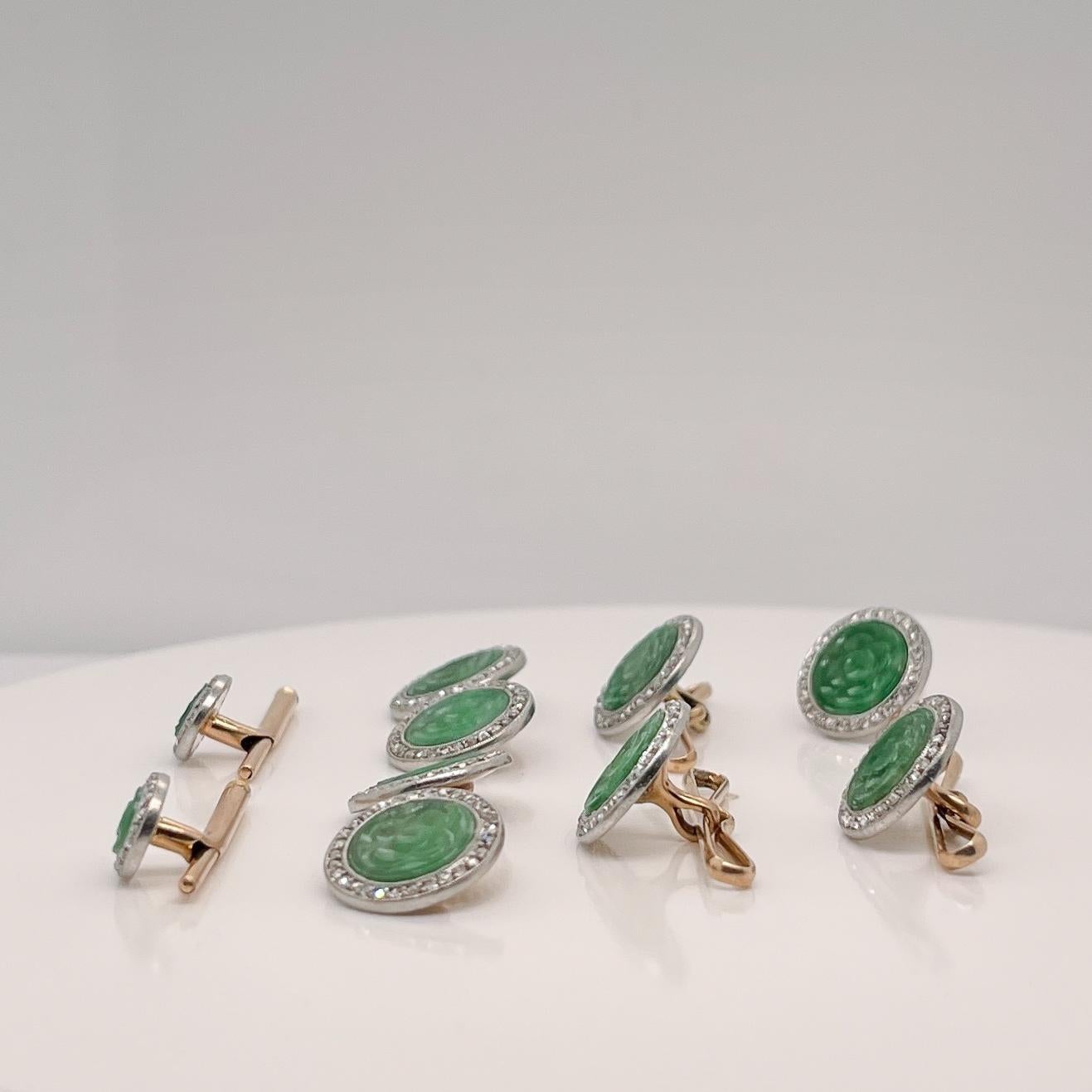 Antique Art Deco Jade, Diamond, & Platinum-Topped Gold Cufflink & Dress Set 1