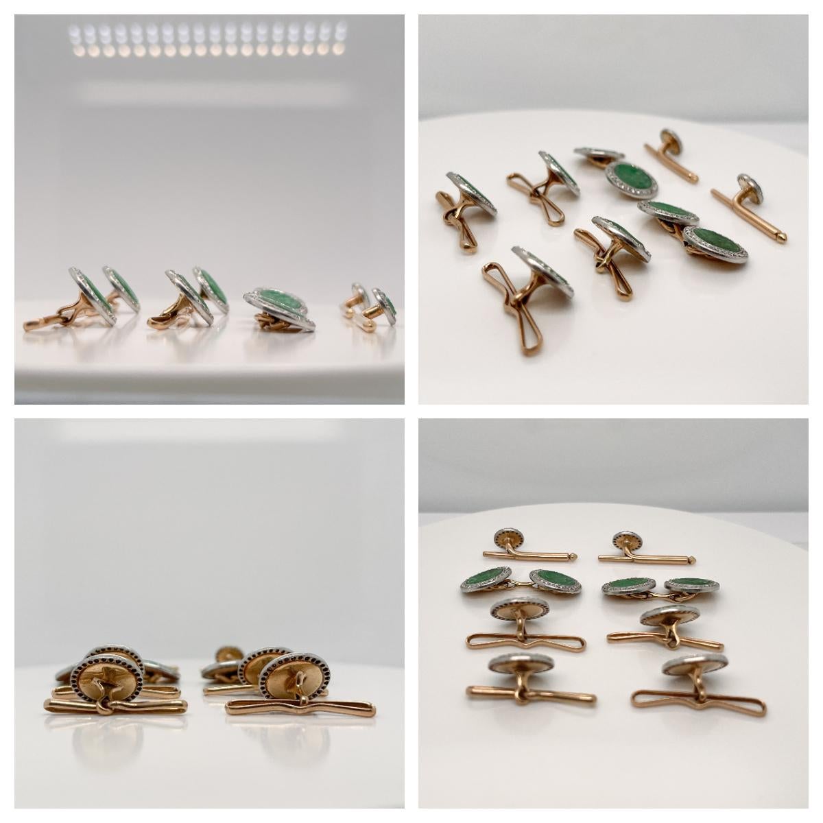 Antique Art Deco Jade, Diamond, & Platinum-Topped Gold Cufflink & Dress Set 3