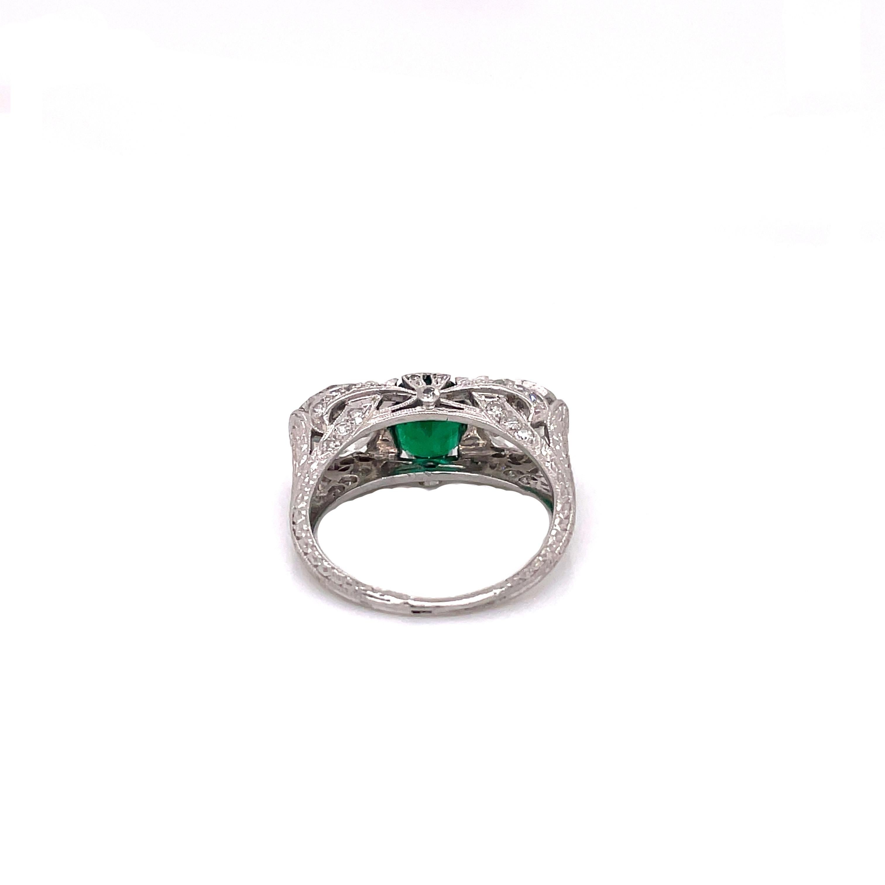 Old European Cut Antique Art Deco J.E. Caldwell Emerald and Diamond Three Stone Platinum Ring For Sale