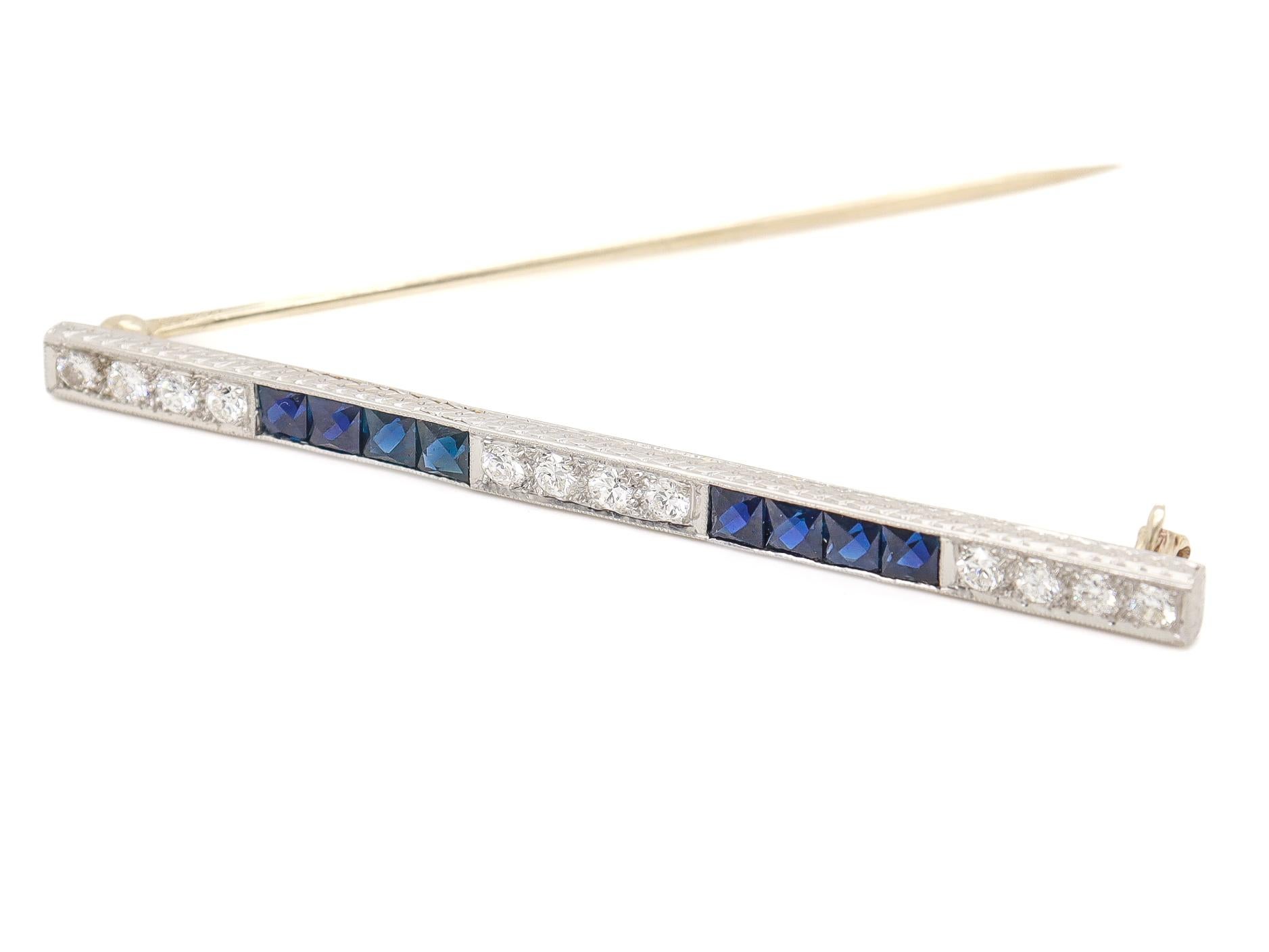 Antique Art Deco J.E. Caldwell Platinum, Diamond, & Sapphire Bar Brooch For Sale 5