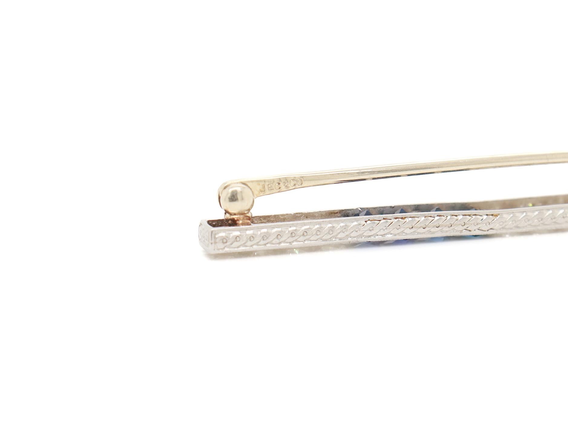 Antique Art Deco J.E. Caldwell Platinum, Diamond, & Sapphire Bar Brooch For Sale 7
