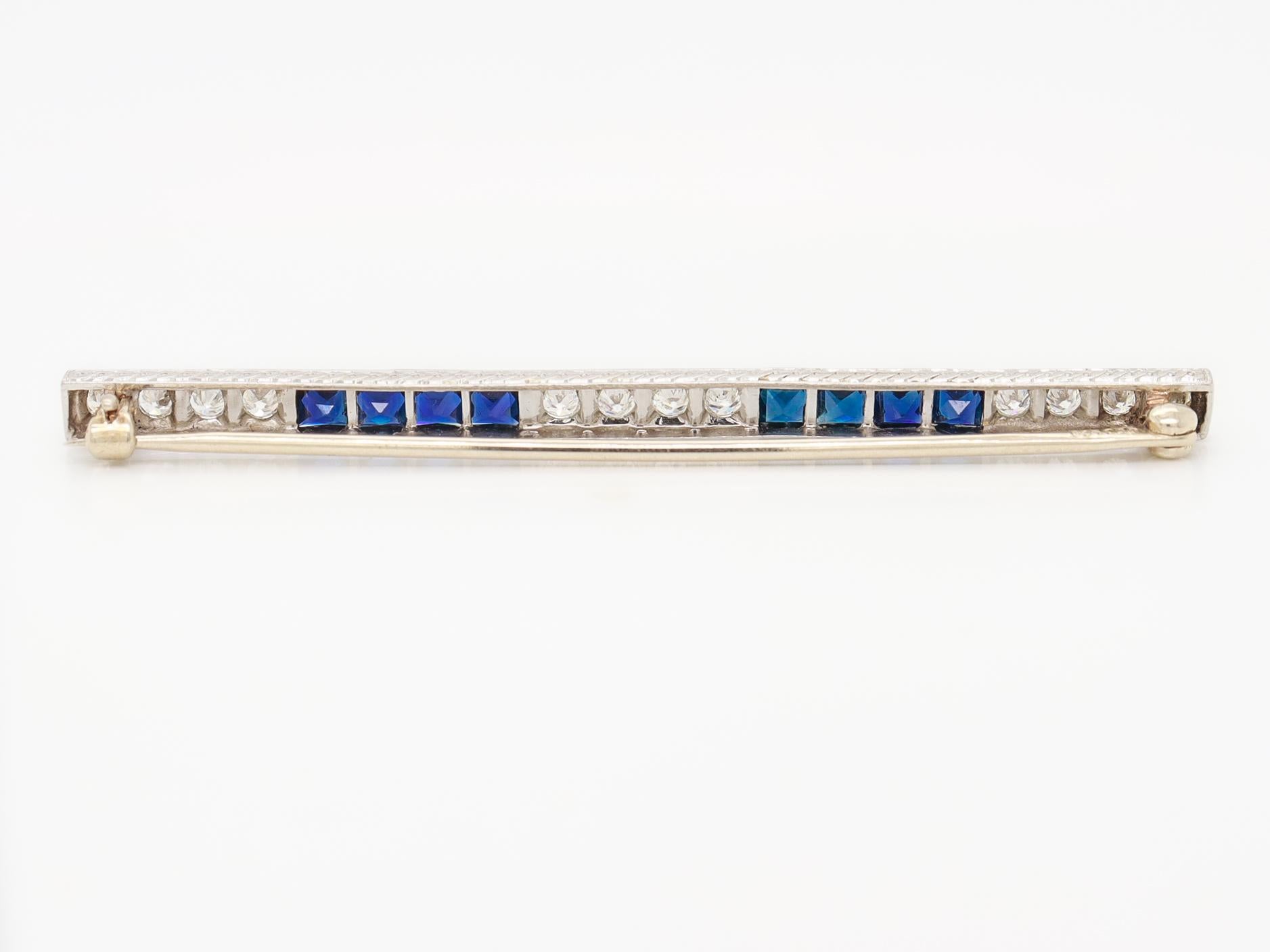 Antique Art Deco J.E. Caldwell Platinum, Diamond, & Sapphire Bar Brooch For Sale 8