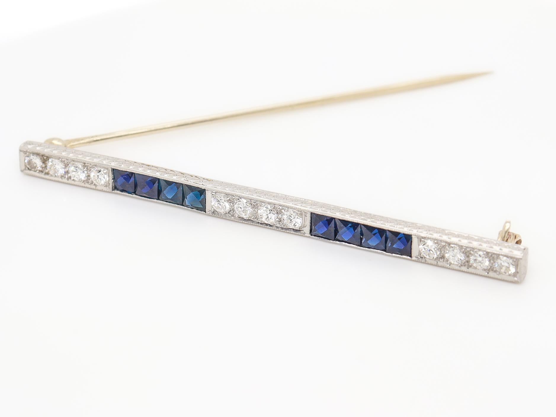 Antique Art Deco J.E. Caldwell Platinum, Diamond, & Sapphire Bar Brooch For Sale 10