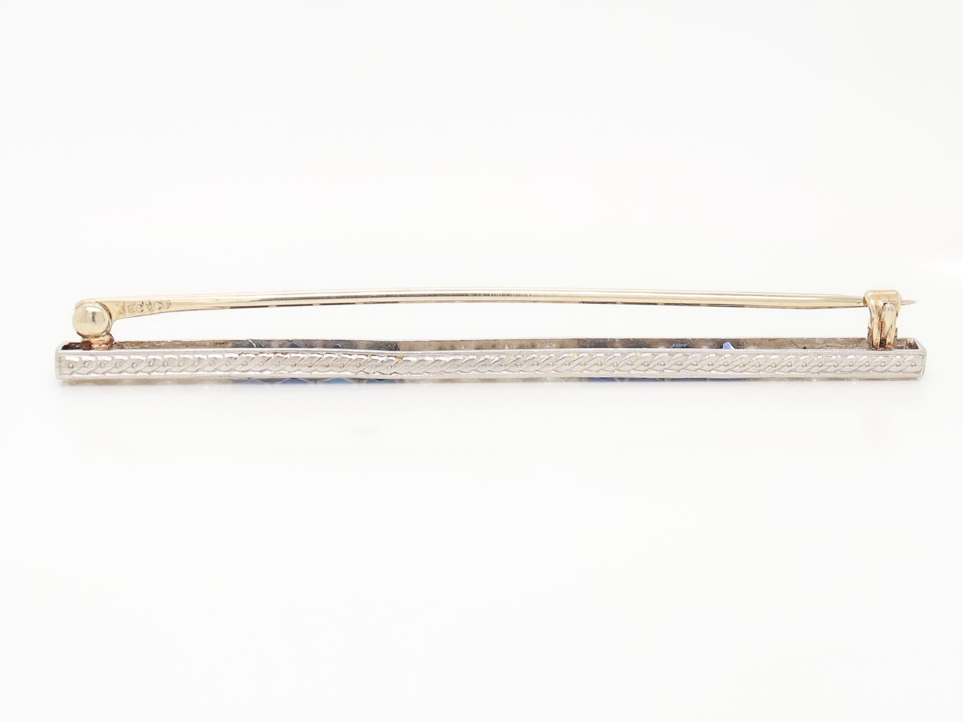 Antique Art Deco J.E. Caldwell Platinum, Diamond, & Sapphire Bar Brooch For Sale 11