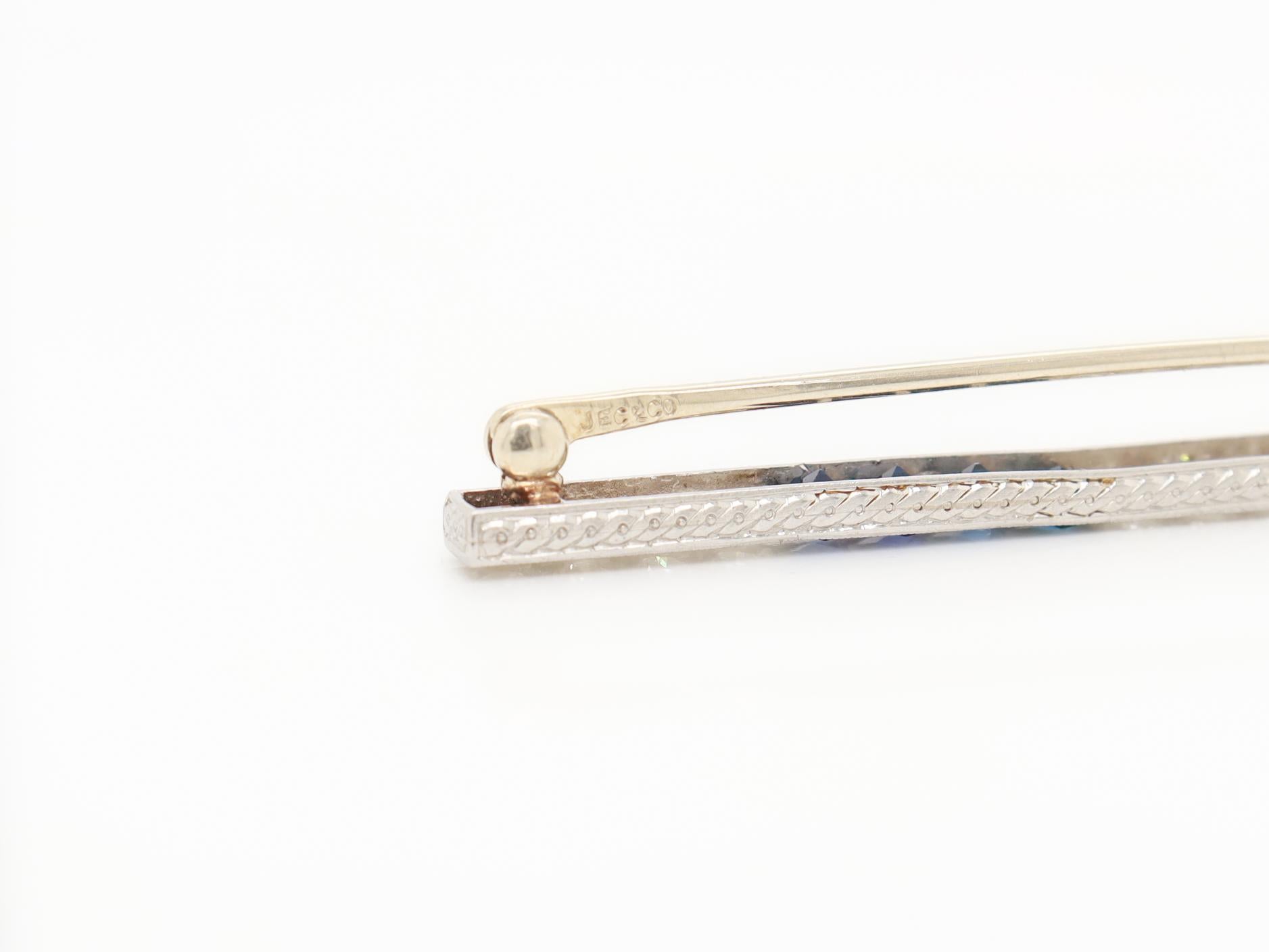 Antique Art Deco J.E. Caldwell Platinum, Diamond, & Sapphire Bar Brooch For Sale 12