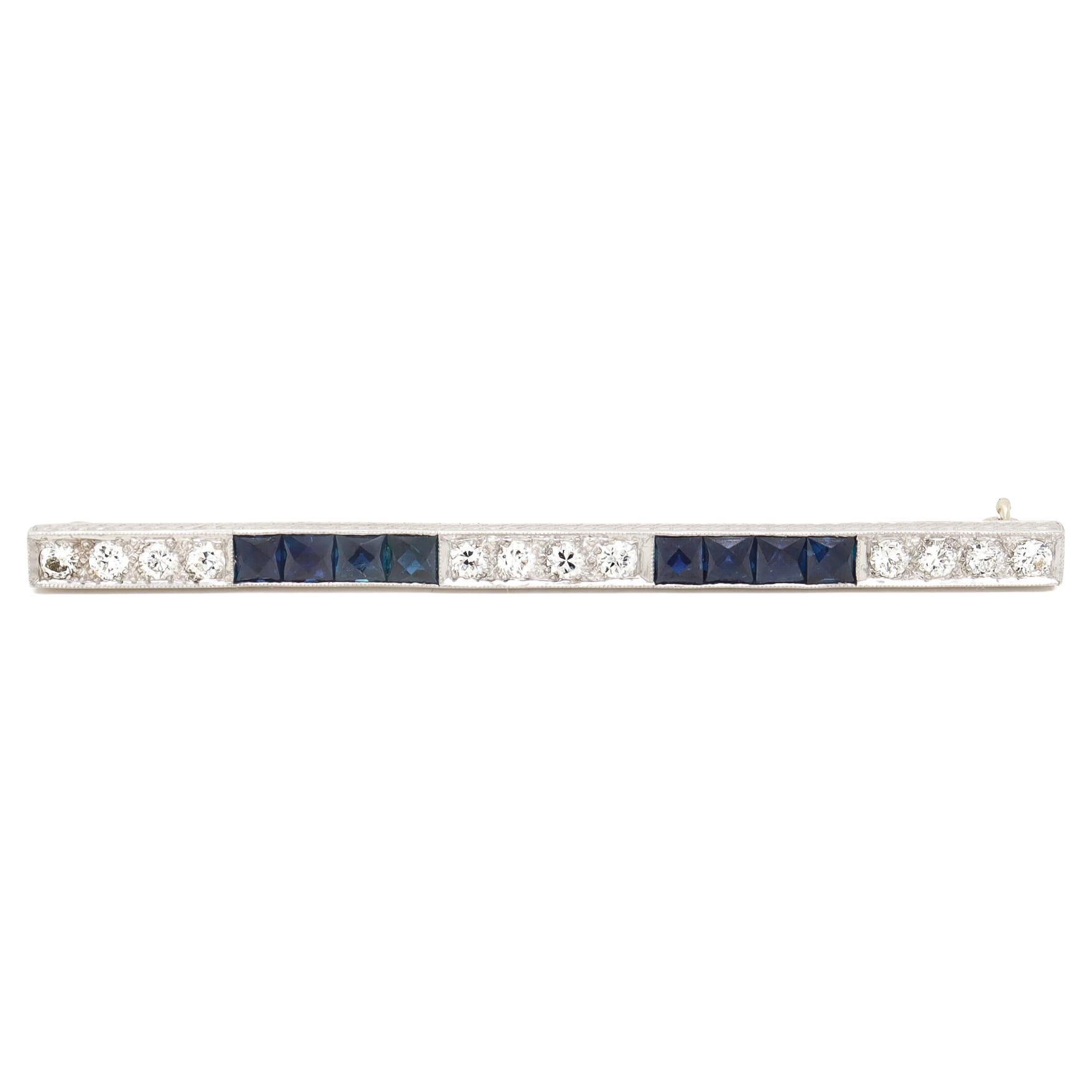Women's Antique Art Deco J.E. Caldwell Platinum, Diamond, & Sapphire Bar Brooch For Sale