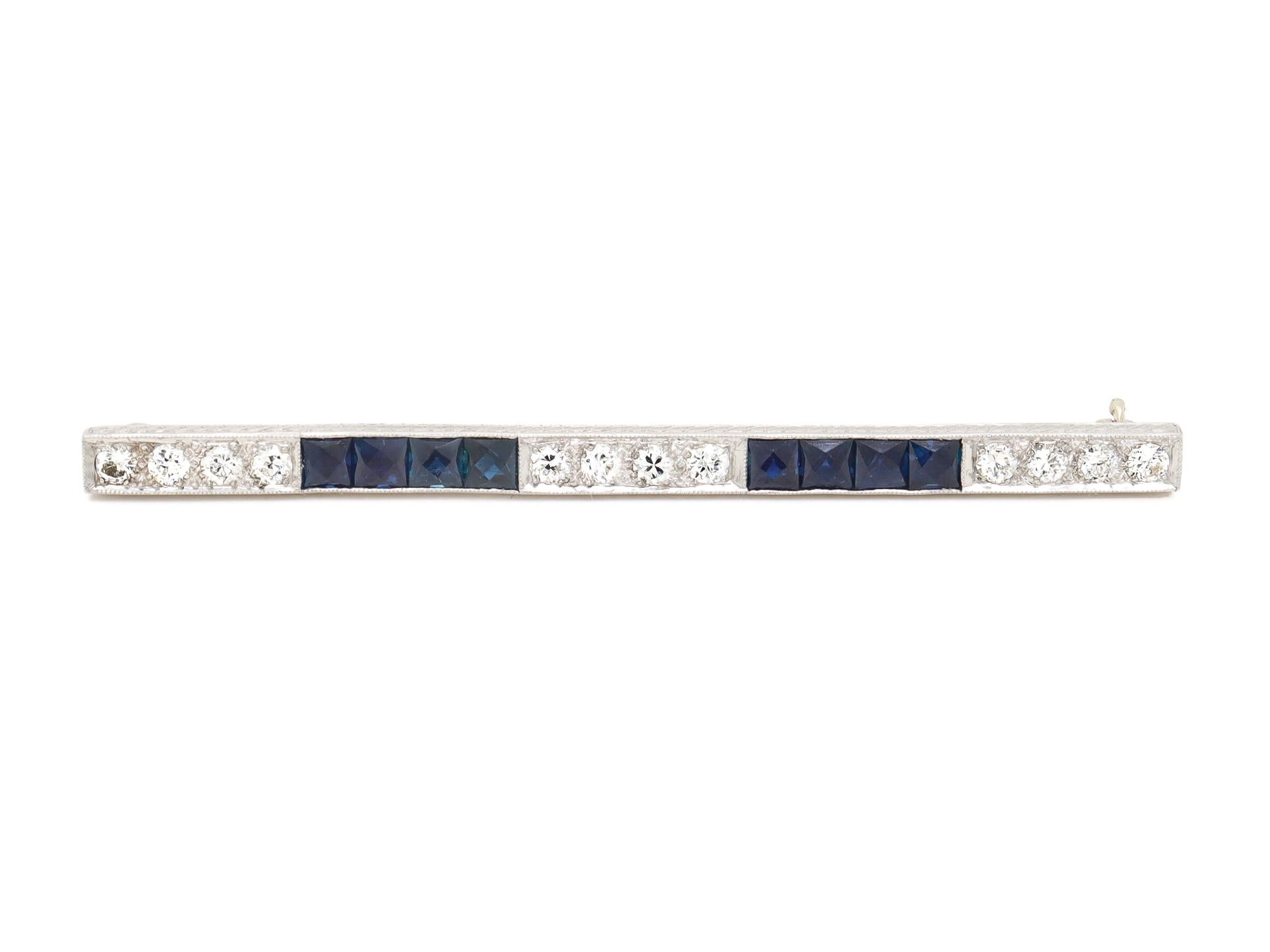 Antique Art Deco J.E. Caldwell Platinum, Diamond, & Sapphire Bar Brooch For Sale 1