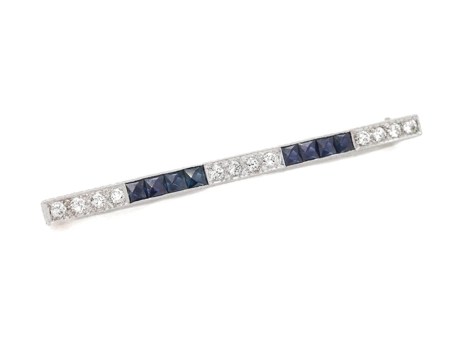 Antique Art Deco J.E. Caldwell Platinum, Diamond, & Sapphire Bar Brooch For Sale 2