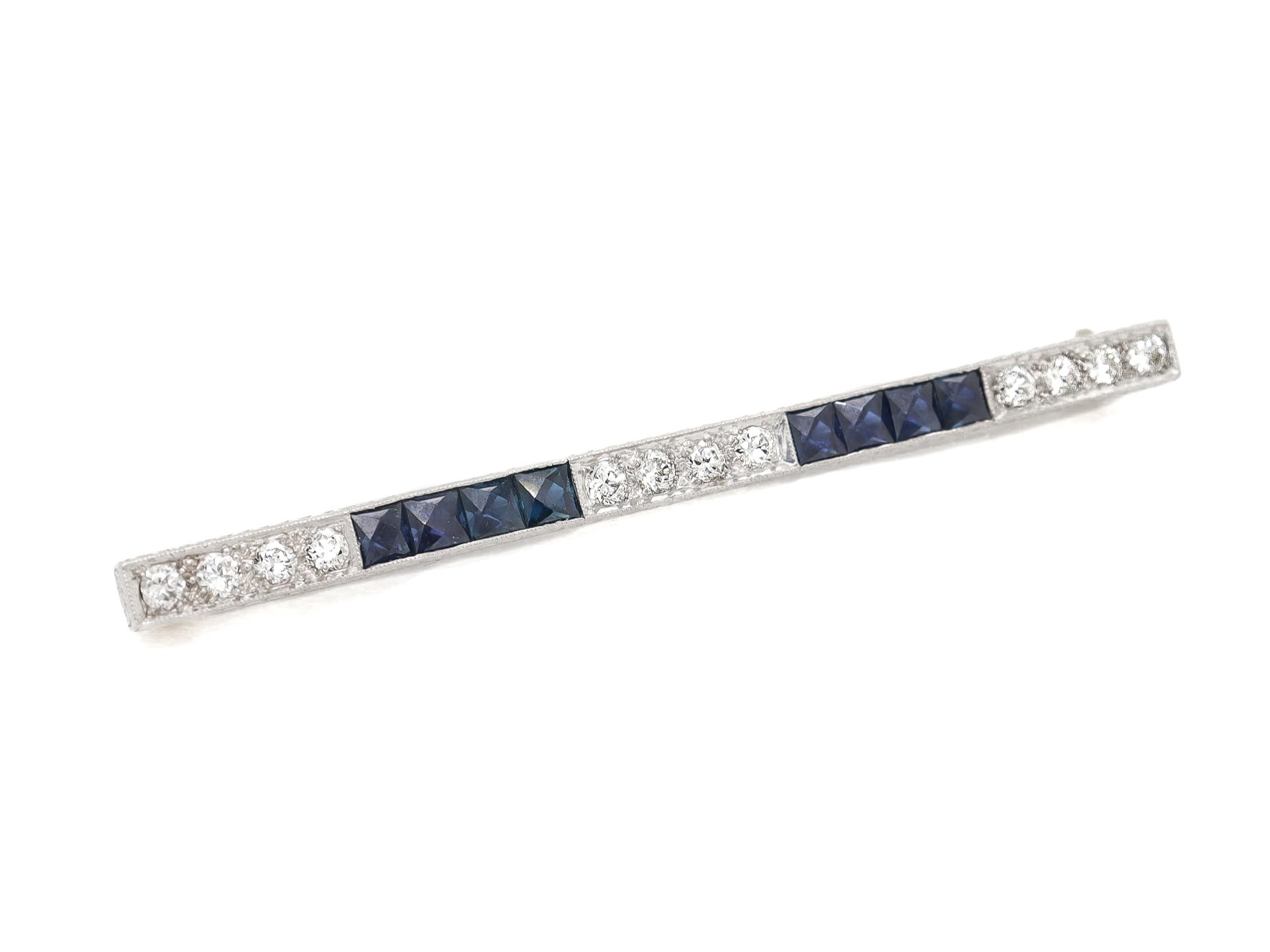 Antique Art Deco J.E. Caldwell Platinum, Diamond, & Sapphire Bar Brooch For Sale 3