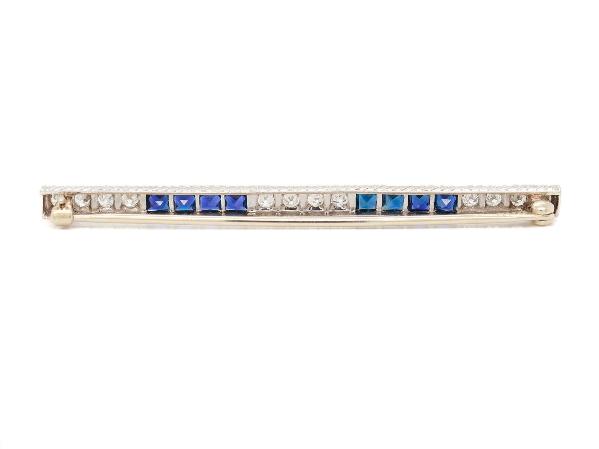 Antique Art Deco J.E. Caldwell Platinum, Diamond, & Sapphire Bar Brooch For Sale 4