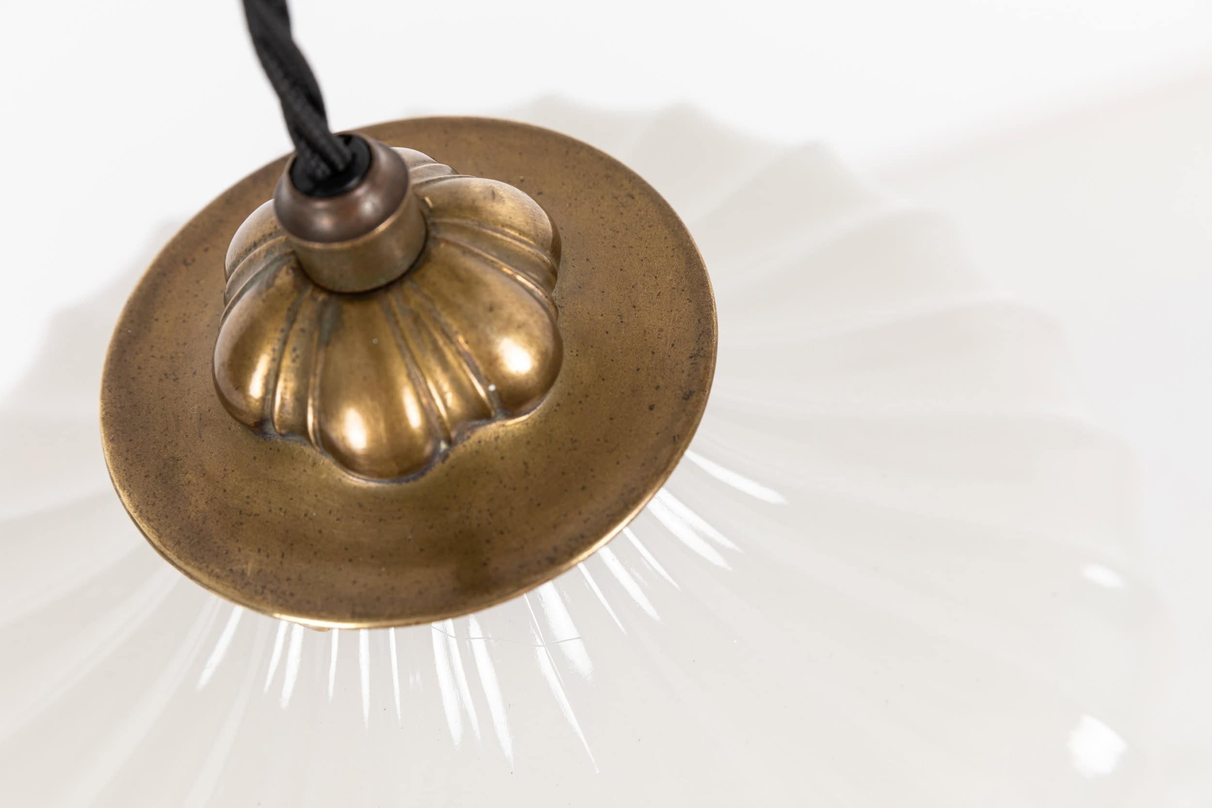 English Antique Art Deco Jefferson Moonstone Doric Opaline Glass Light Pendant, C.1930