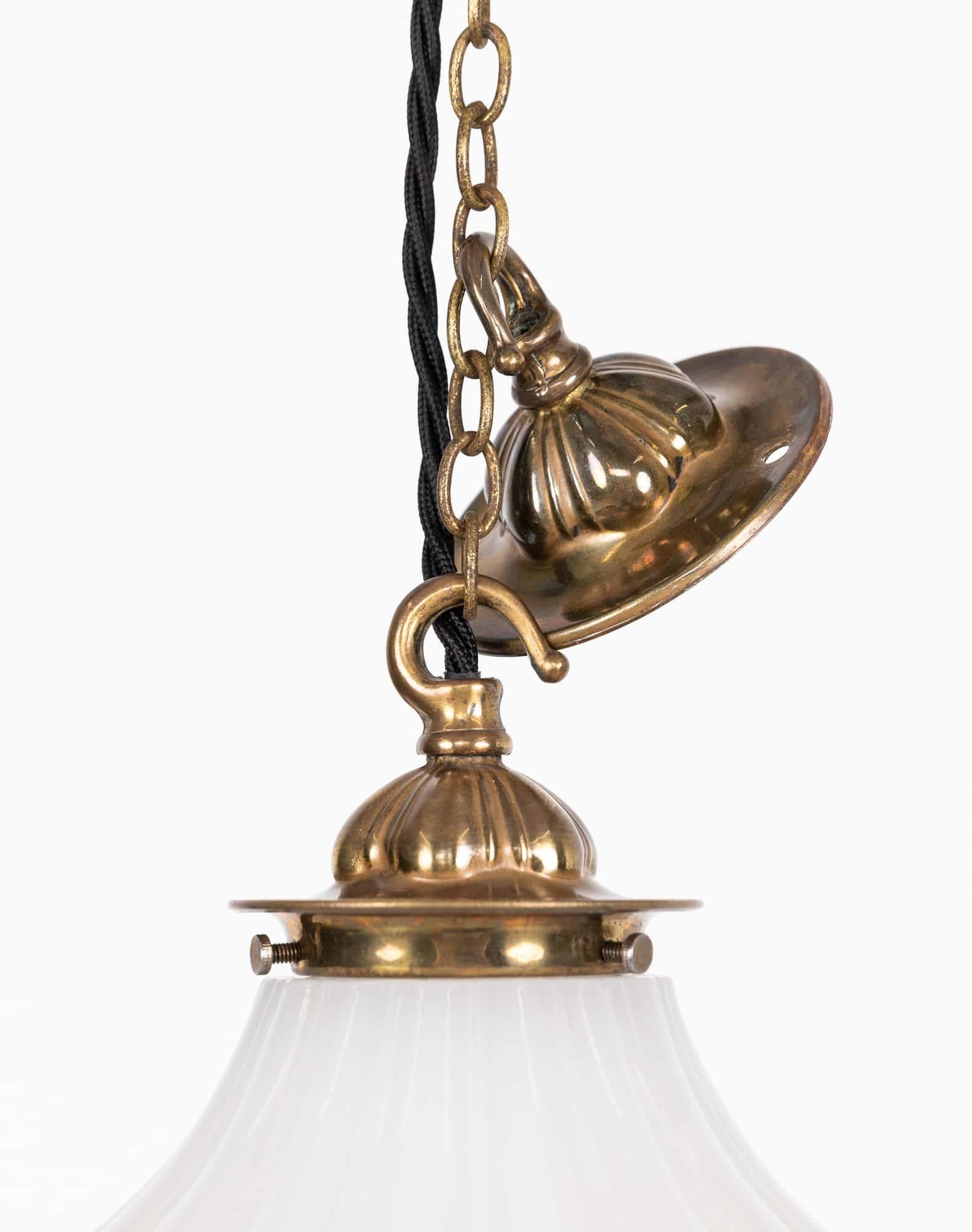 Brass Antique Art Deco Jefferson 'Moonstone' Milk Glass Light Pendant Lamp, C.1930