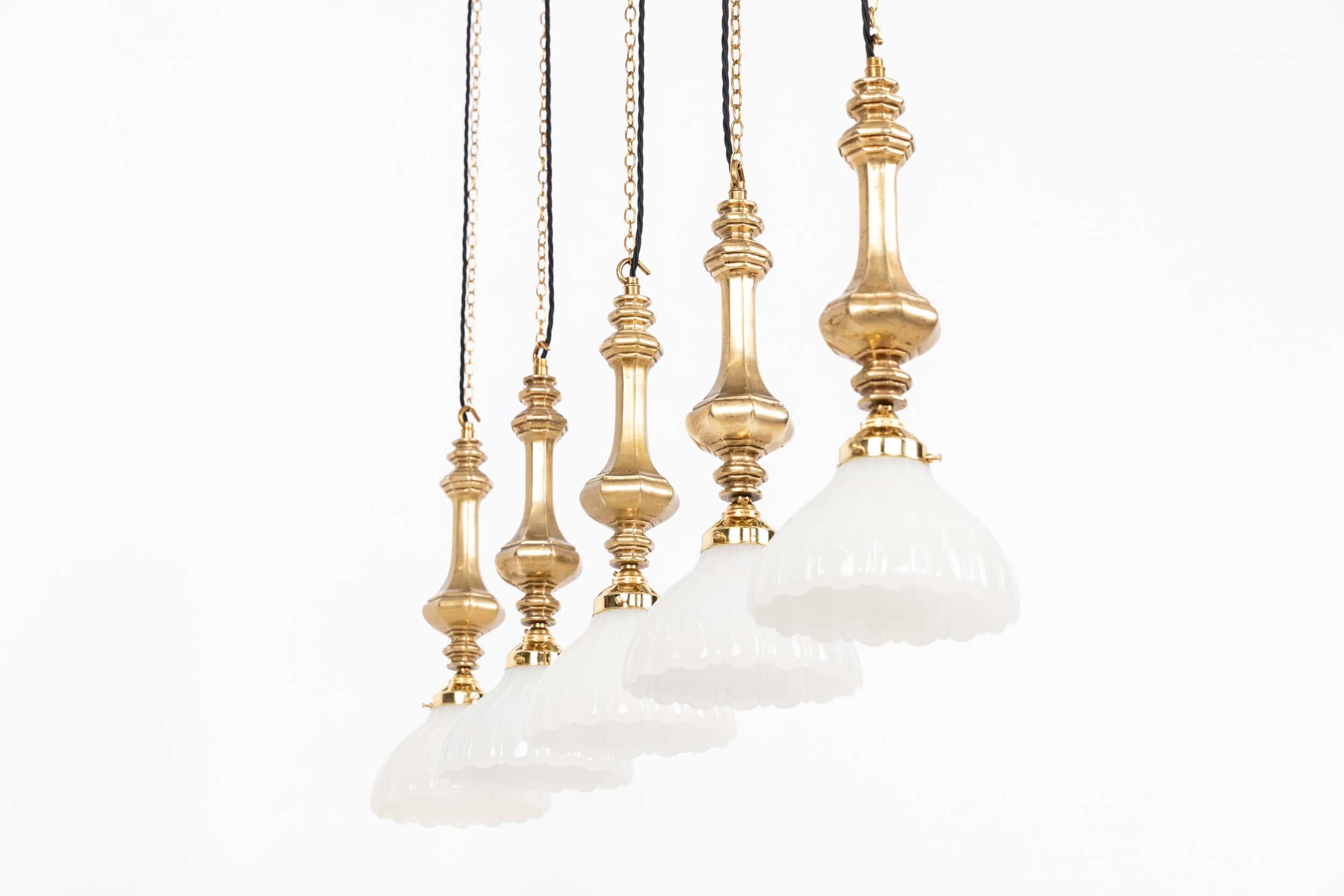 English Antique Art Deco Jefferson Moonstone Opaline Glass Brass Light Pendant, C.1930 For Sale