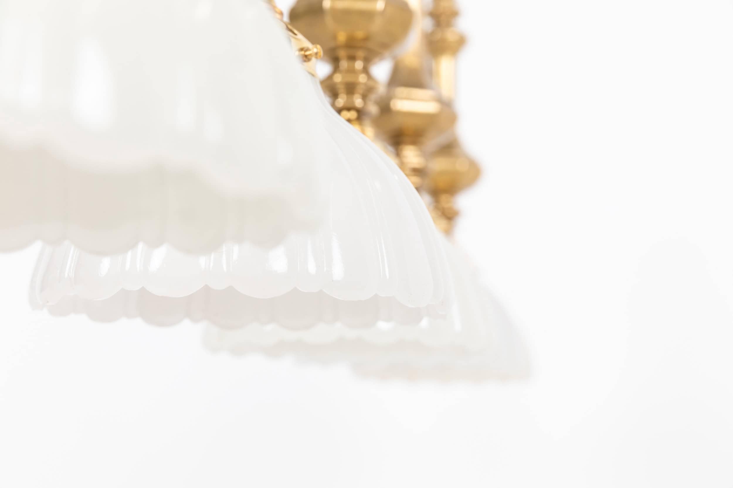 Pressed Antique Art Deco Jefferson Moonstone Opaline Glass Brass Light Pendant, C.1930 For Sale