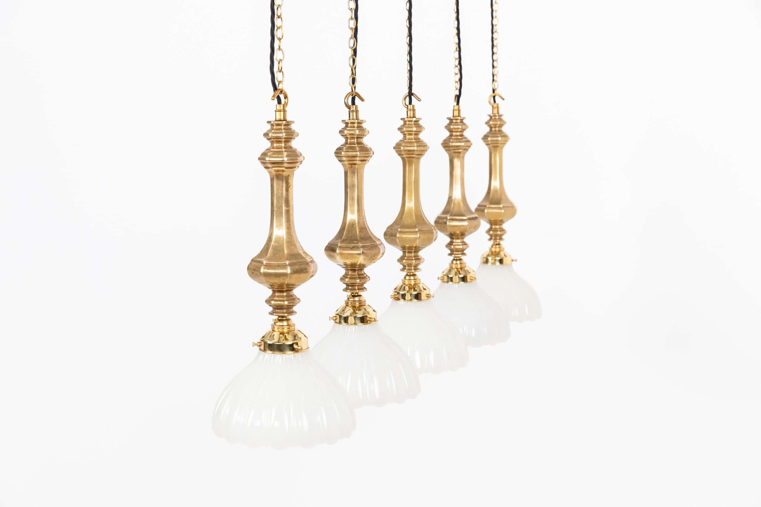 Mid-20th Century Antique Art Deco Jefferson Moonstone Opaline Glass Brass Light Pendant, C.1930 For Sale