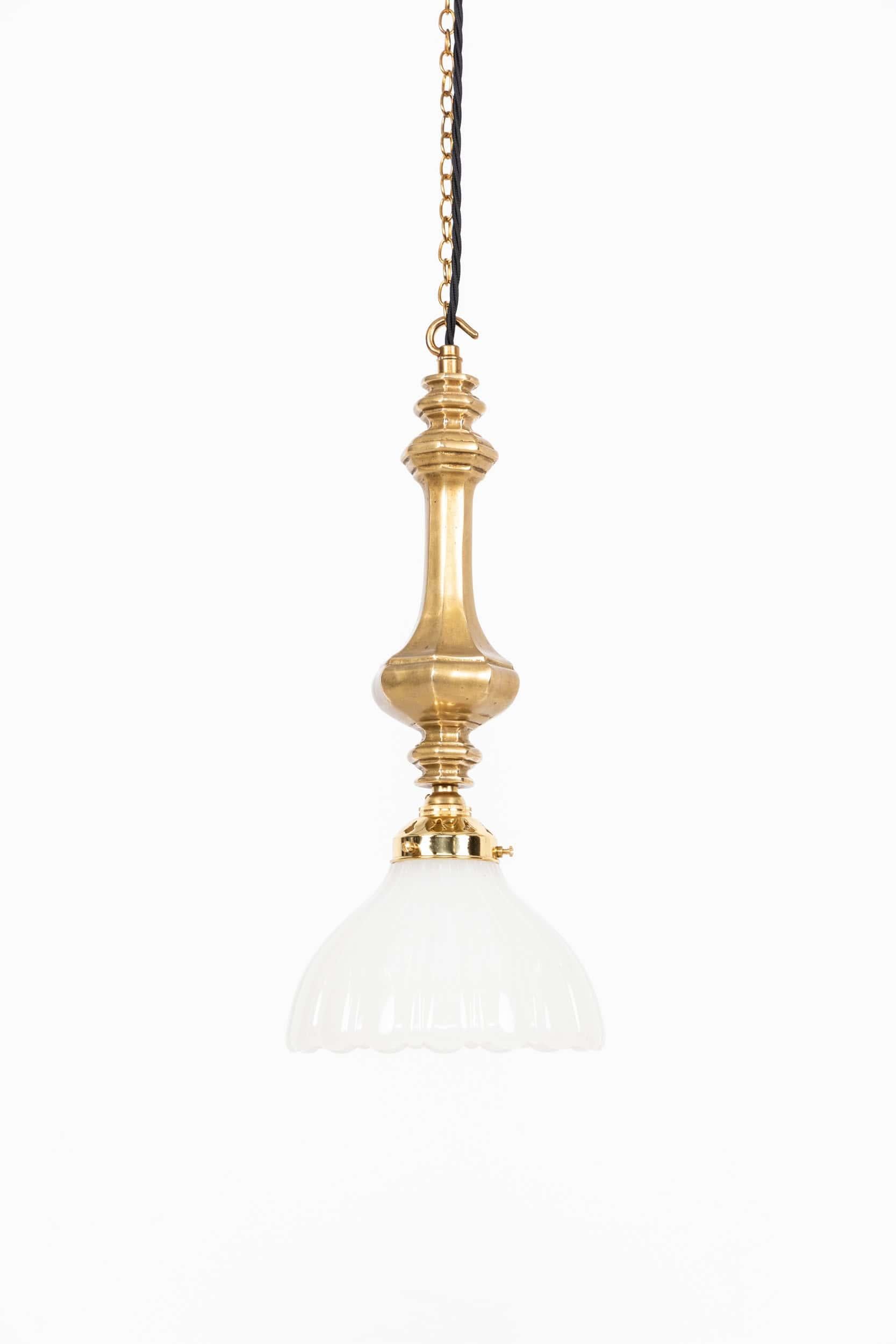 Antique Art Deco Jefferson Moonstone Opaline Glass Brass Light Pendant, C.1930 For Sale 2