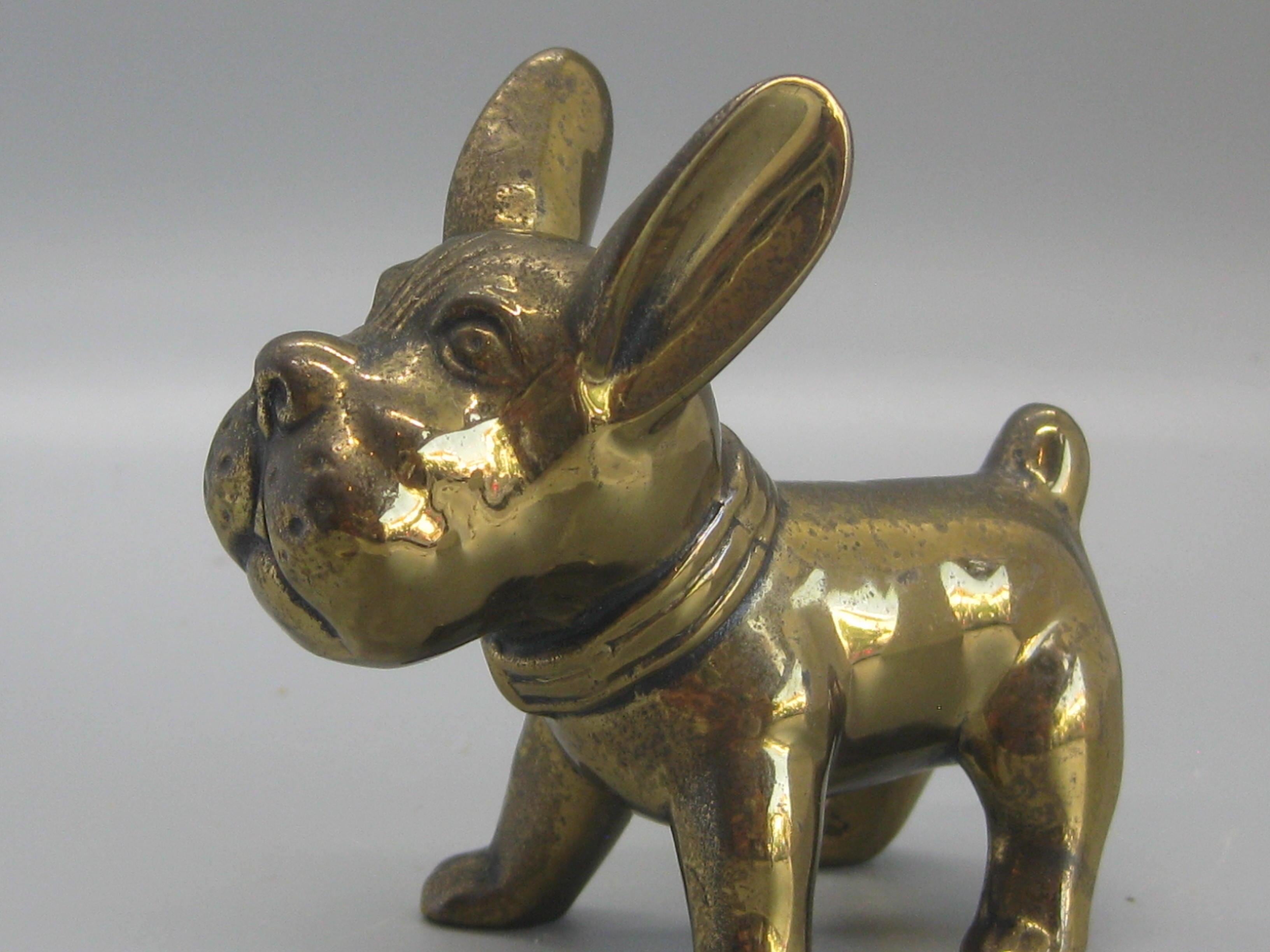Antique hollow cast brass Art Deco French Bulldog figurine/sculpture made by Jennings brothers, circa 1920s-1930s. Signed on the bottom with the makers mark 