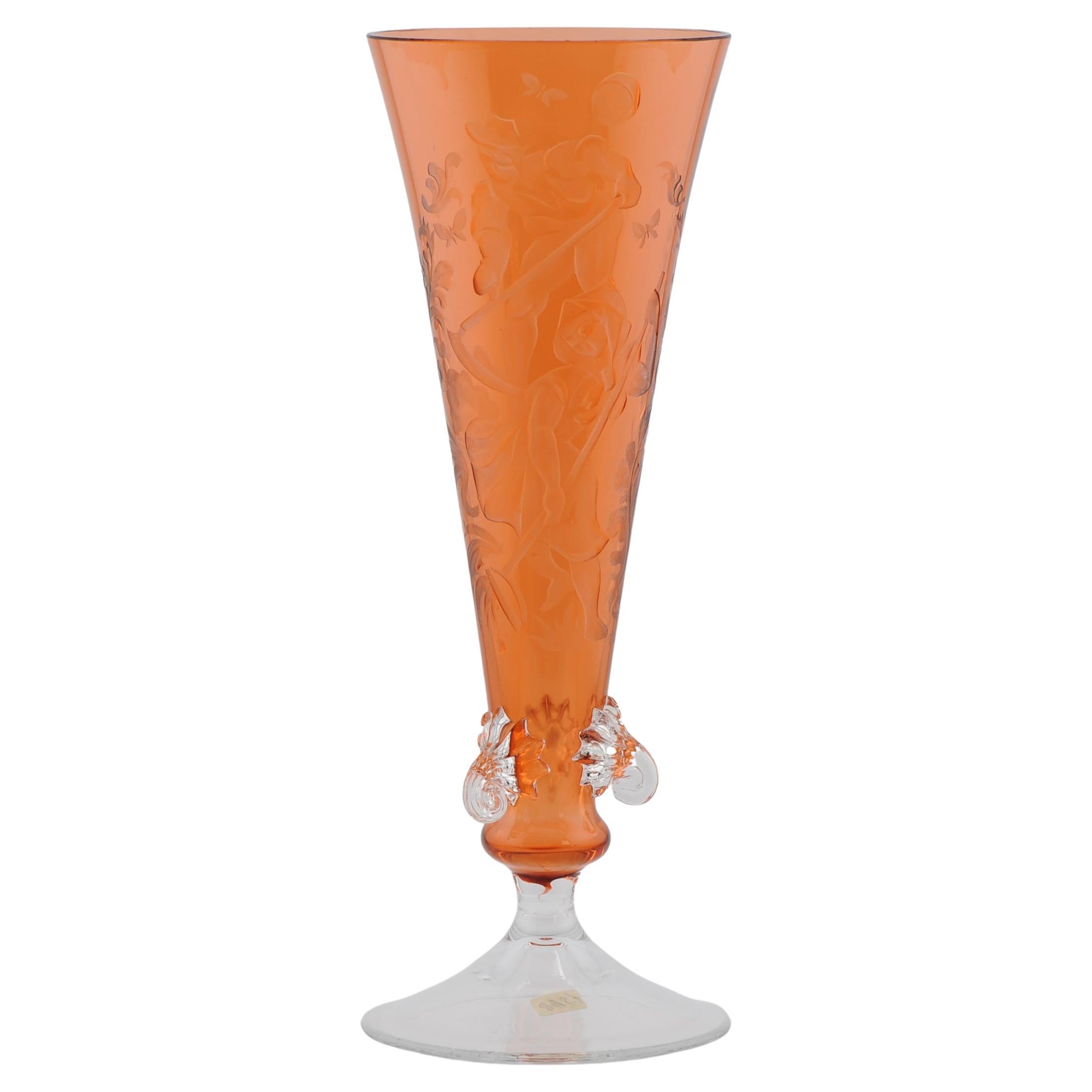 Antikes/Vintage-Künstlerglas, orangefarbenes Glas, graviert mit Bauern, signiert von Artis