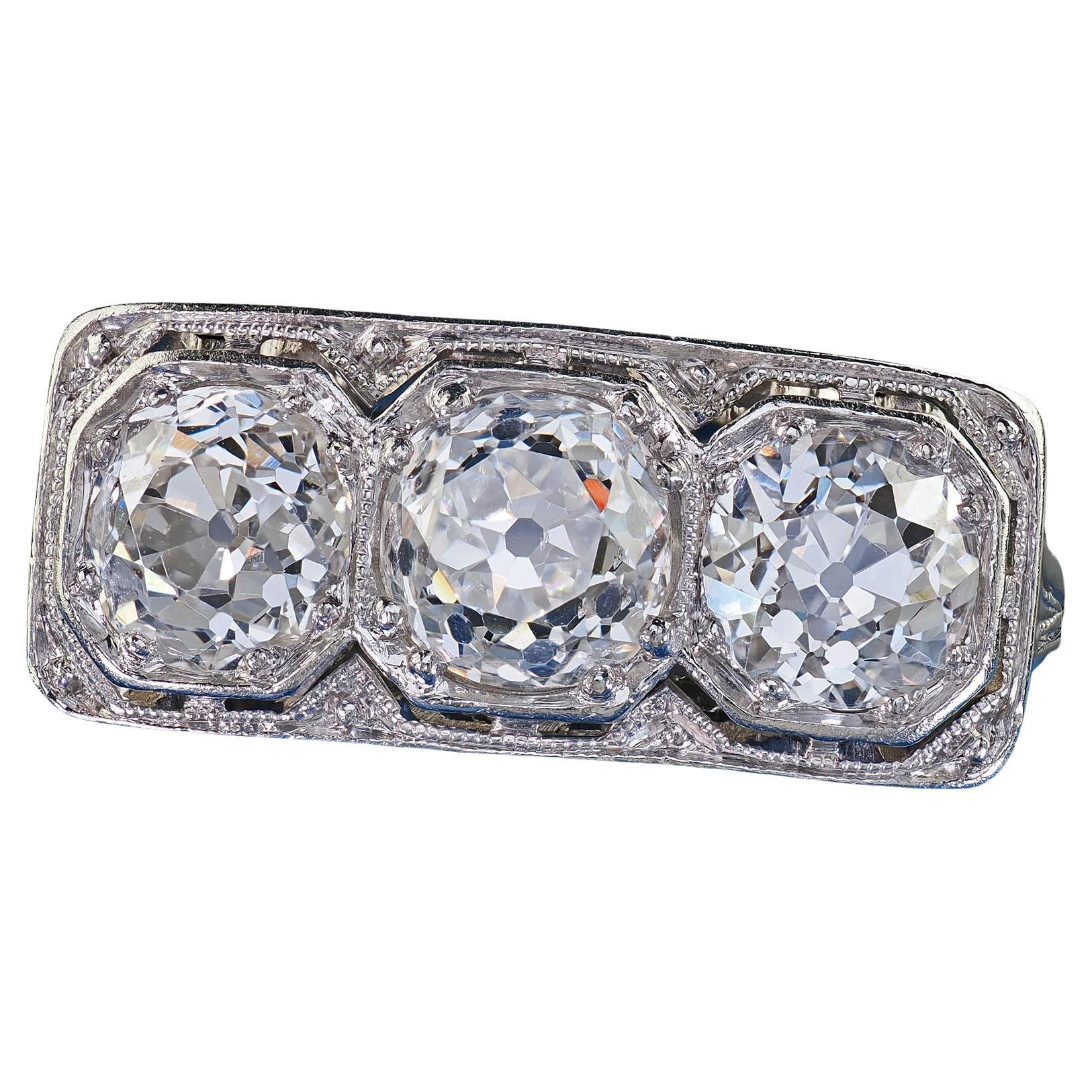 Antique Art Deco Jung & Klitz Platinum Old Mine Cut Diamond Three Stone Ring