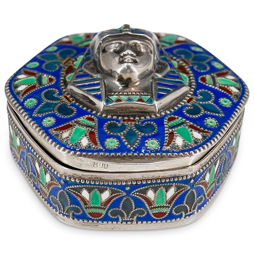 Antike Art Deco König Tut ägyptische Wiedergeburt Silber vergoldet Emaille Cloisonne Box 1925 im Angebot 6