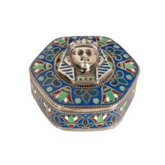 Antique Art Deco King Tut Egyptian Revival Silver Gilt Enamel Cloisonne Box 1925