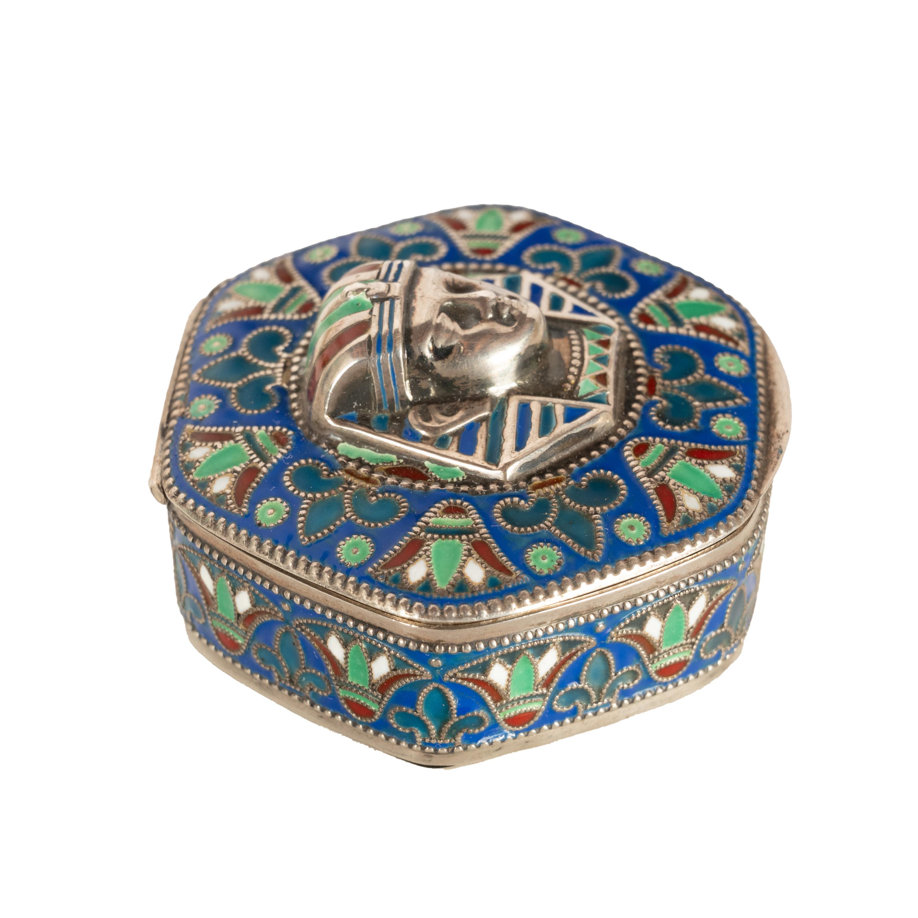 Antike Art Deco König Tut ägyptische Wiedergeburt Silber vergoldet Emaille Cloisonne Box 1925 (Italienisch) im Angebot