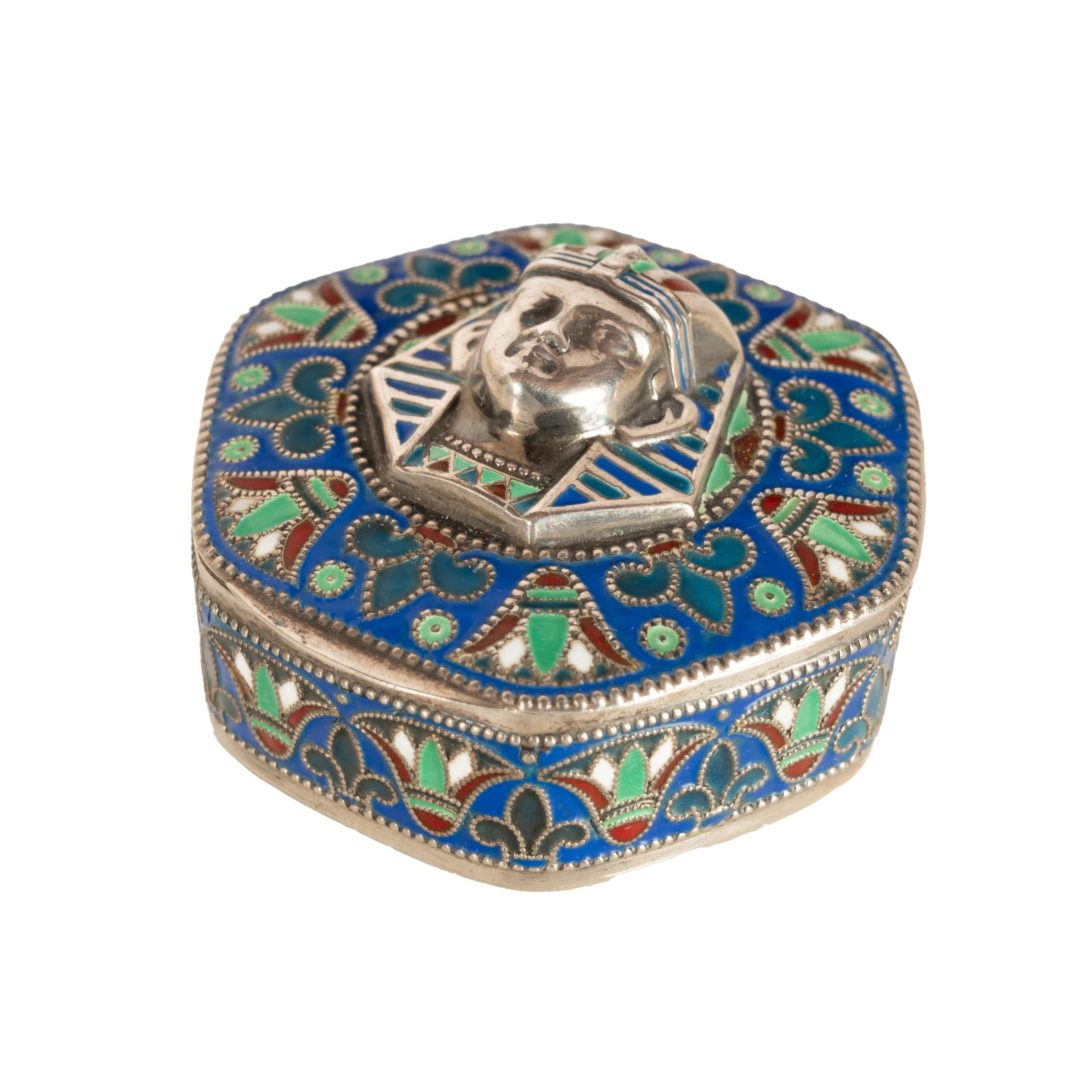 Antike Art Deco König Tut ägyptische Wiedergeburt Silber vergoldet Emaille Cloisonne Box 1925 im Angebot 2