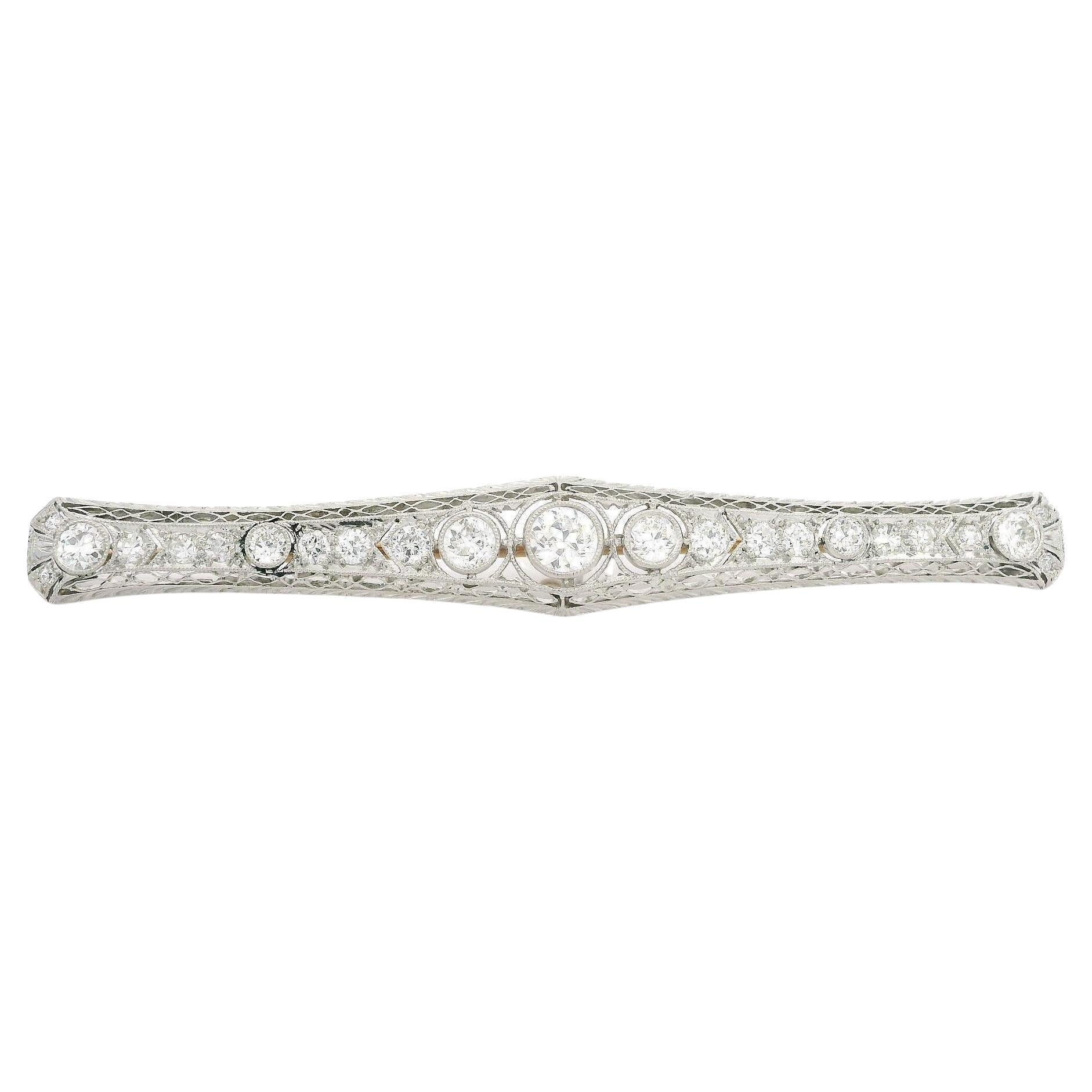 Antique Art Deco Krementz Platinum & 14k Gold 1.76ctw Diamond Filigree Bar Pin